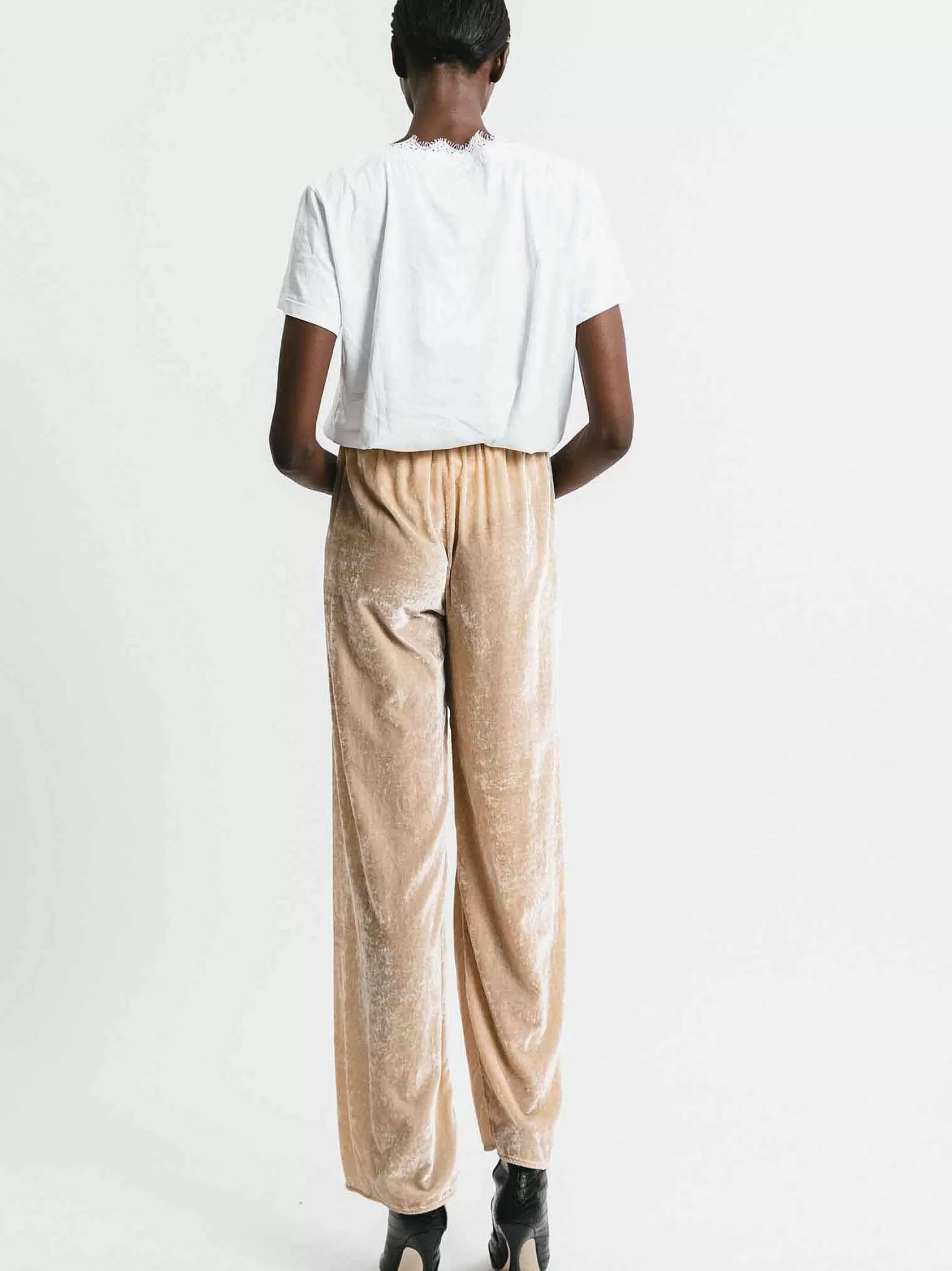 Abbigliamento Donna Pantalone In Velluto Beige Con Elastico In Vita*Pink Memories Fashion