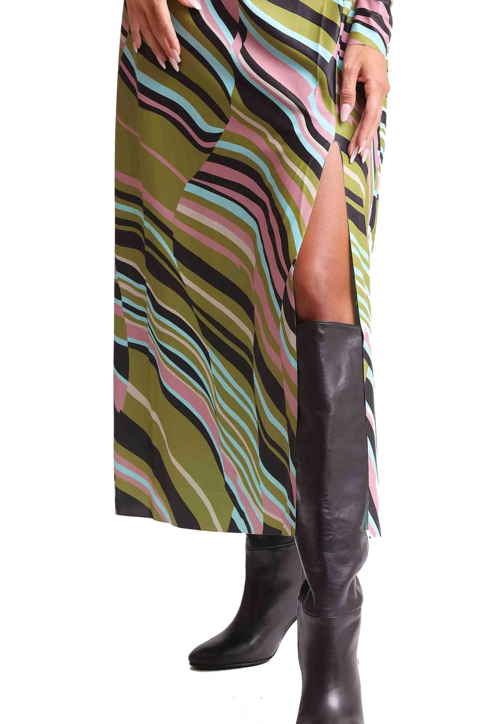 Abiti Donna Stripes In Jersey Verde E Rosa A Fantasia Con Spacco*Maliparmi Flash Sale