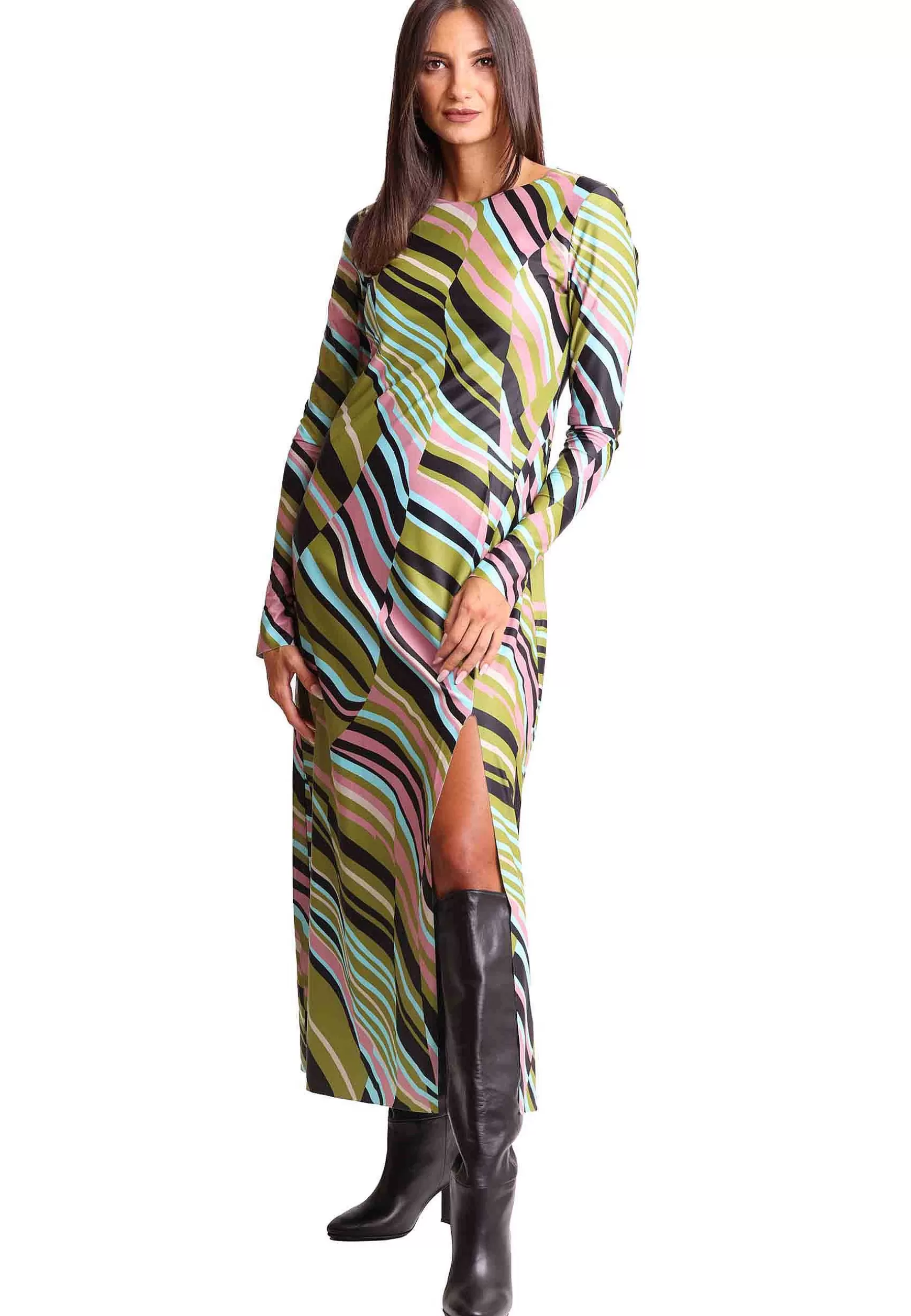 Abiti Donna Stripes In Jersey Verde E Rosa A Fantasia Con Spacco*Maliparmi Flash Sale