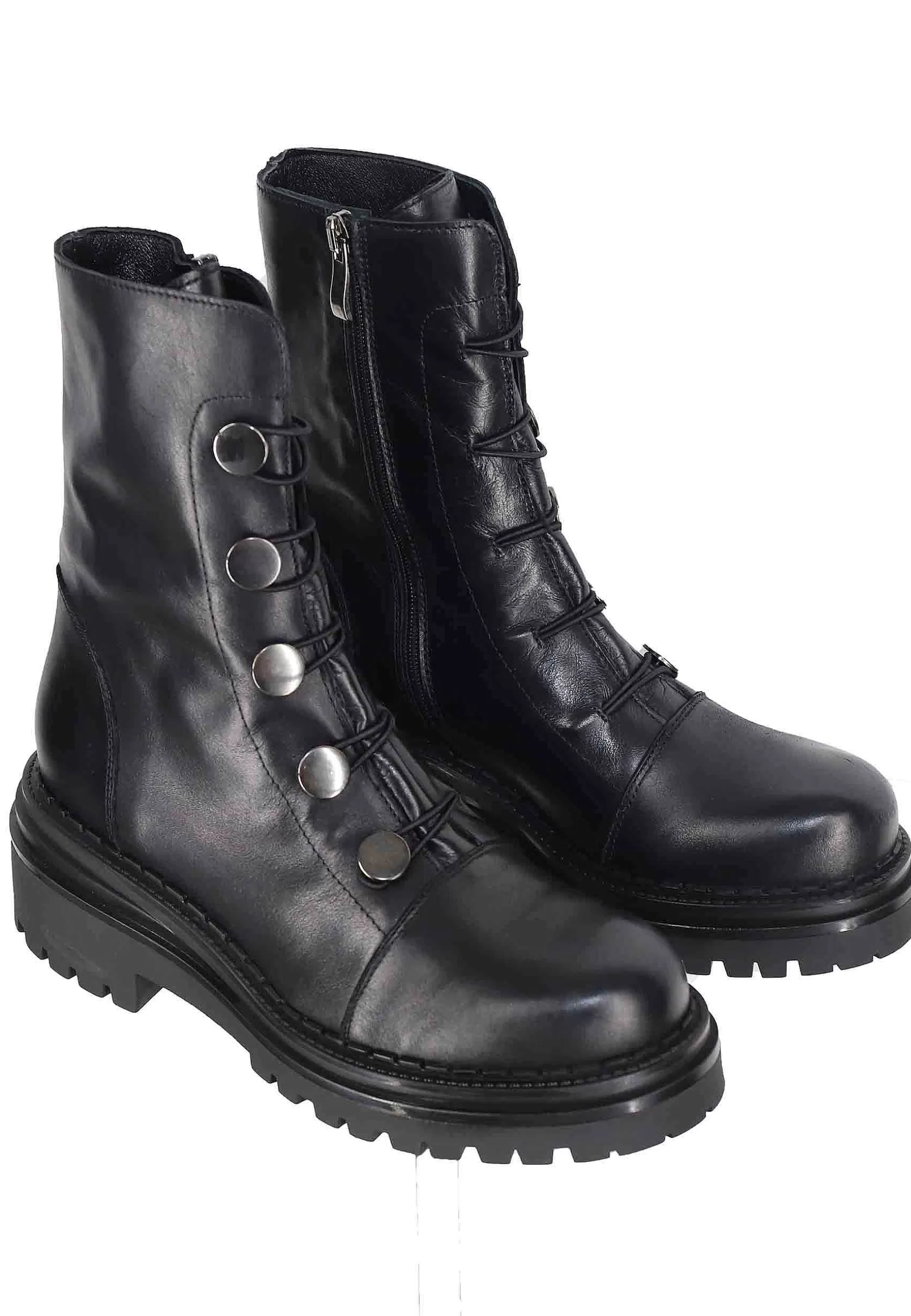 Anfibi Donna In Pelle Vintage Nero Con Borchie E Suola In Gomma*Tattoo Discount