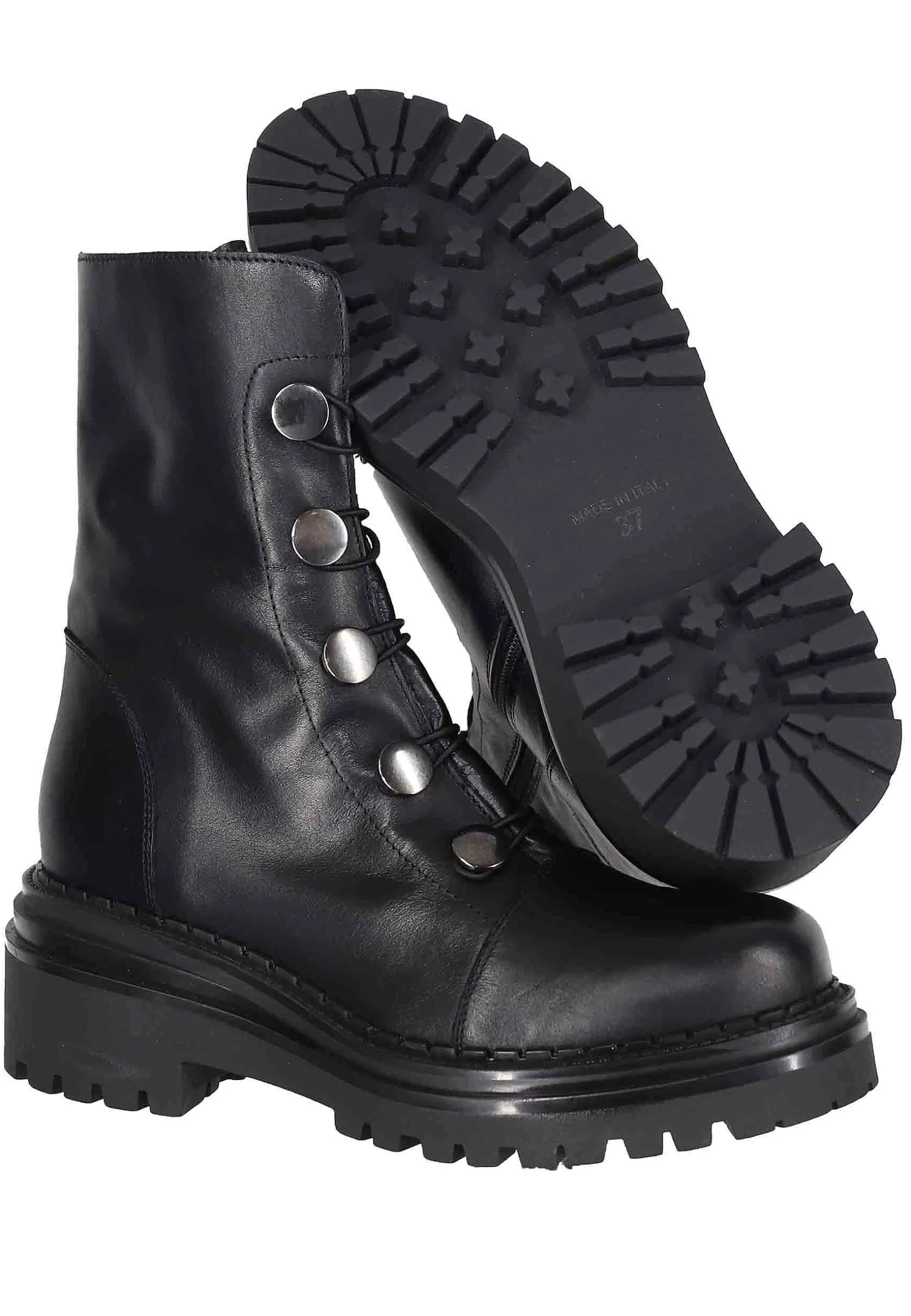 Anfibi Donna In Pelle Vintage Nero Con Borchie E Suola In Gomma*Tattoo Discount