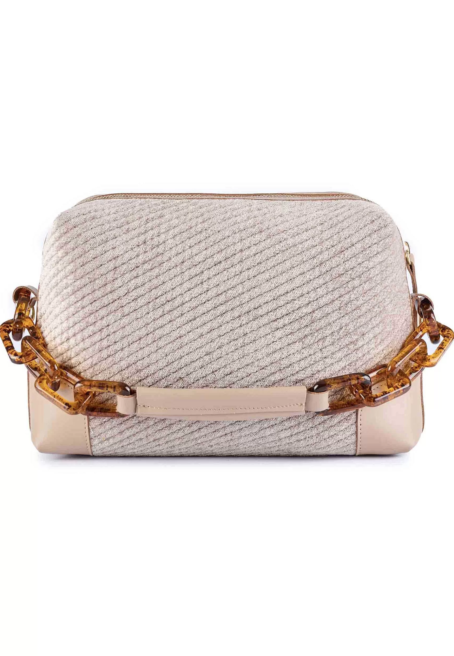 Borsa Donna A Tracolla In Ciniglia Jacquard A Righe Beige Con Dettagli In Pelle*Via Mail Bag Online