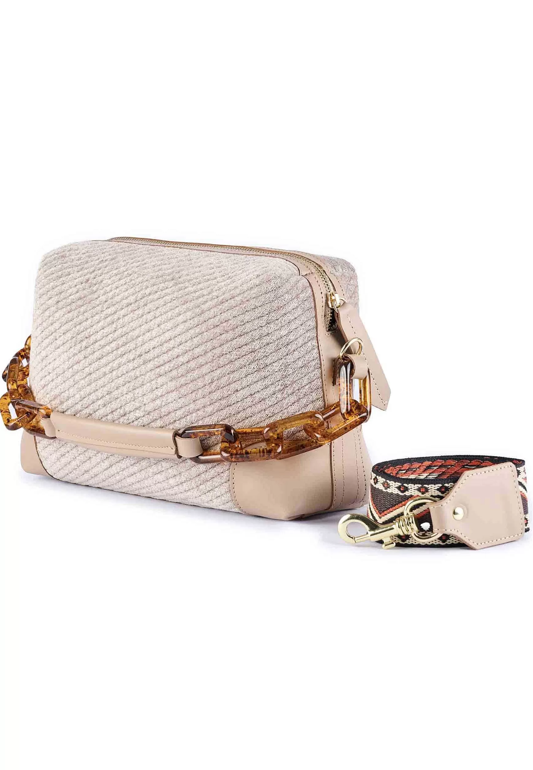 Borsa Donna A Tracolla In Ciniglia Jacquard A Righe Beige Con Dettagli In Pelle*Via Mail Bag Online