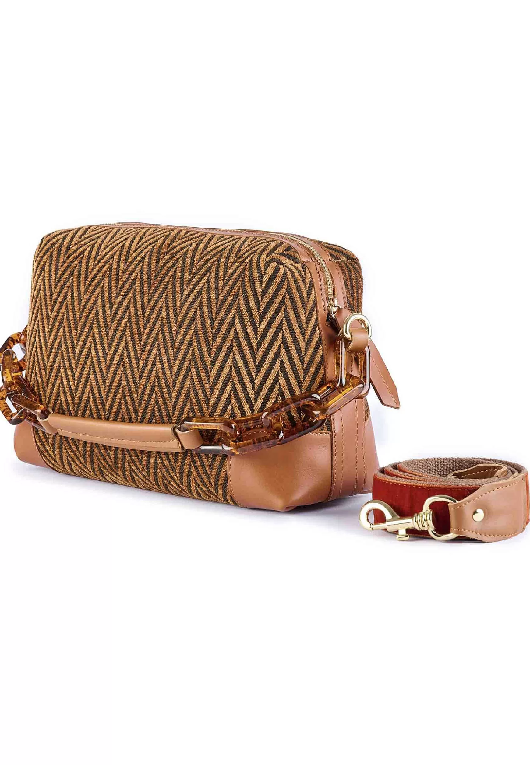 Borsa Donna A Tracolla In Ciniglia Jacquard Spigata Cuoio Con Dettagli In Pelle*Via Mail Bag Online