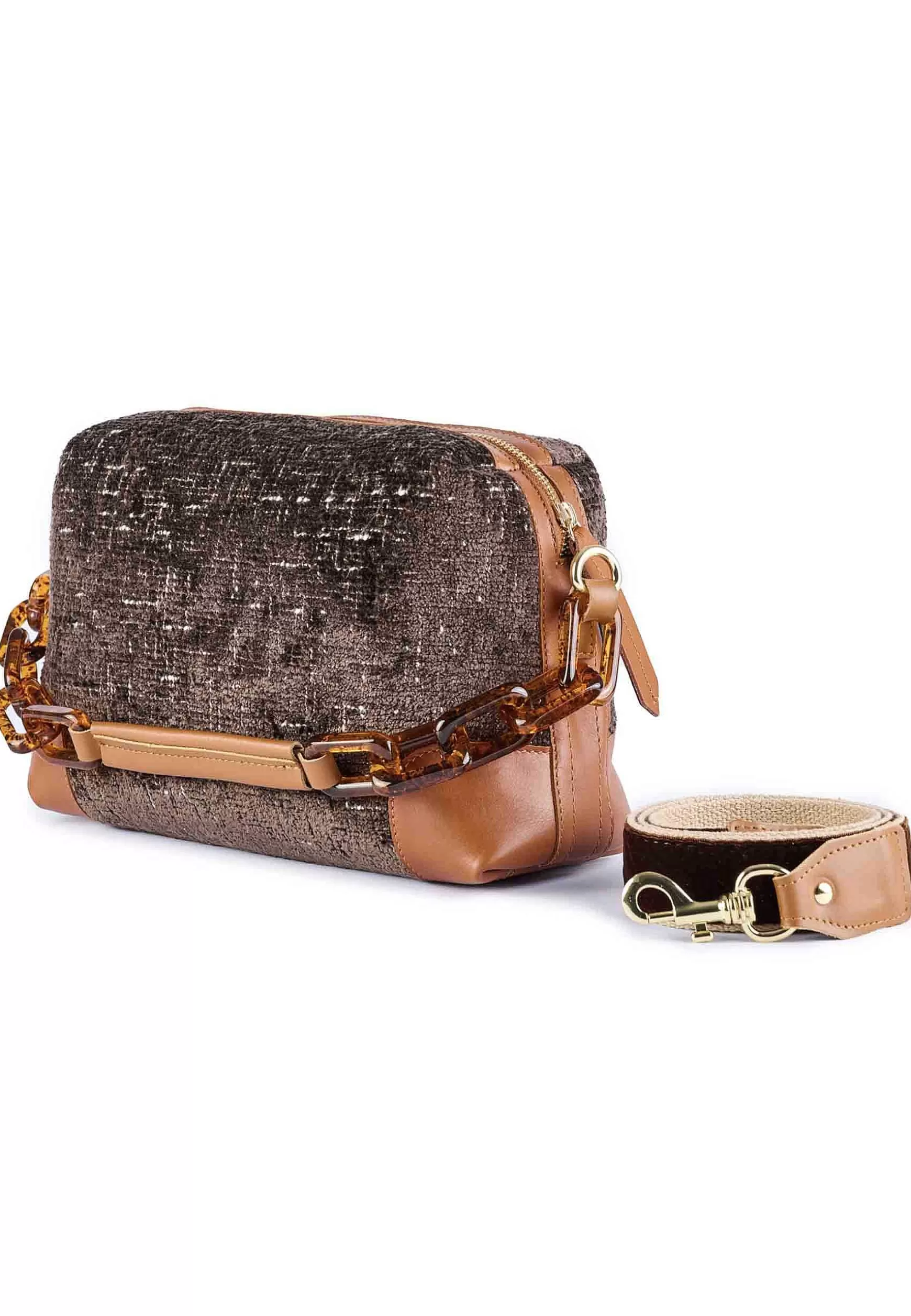 Borsa Donna A Tracolla In Ciniglia Jacquard Taupe Con Dettagli In Pelle*Via Mail Bag Shop