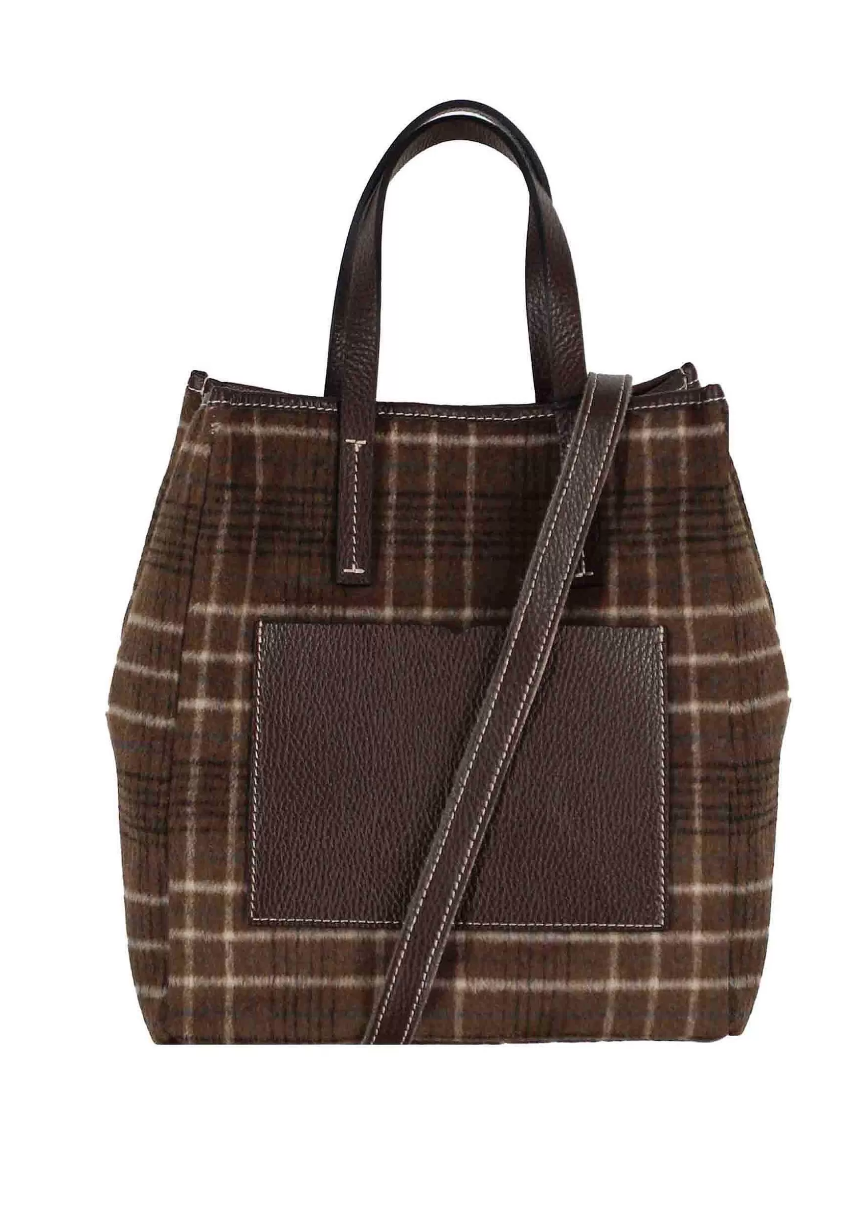 Borsa Donna Con Doppi Manici In Madras Marrone Con Tracolla*Kassiopea Fashion