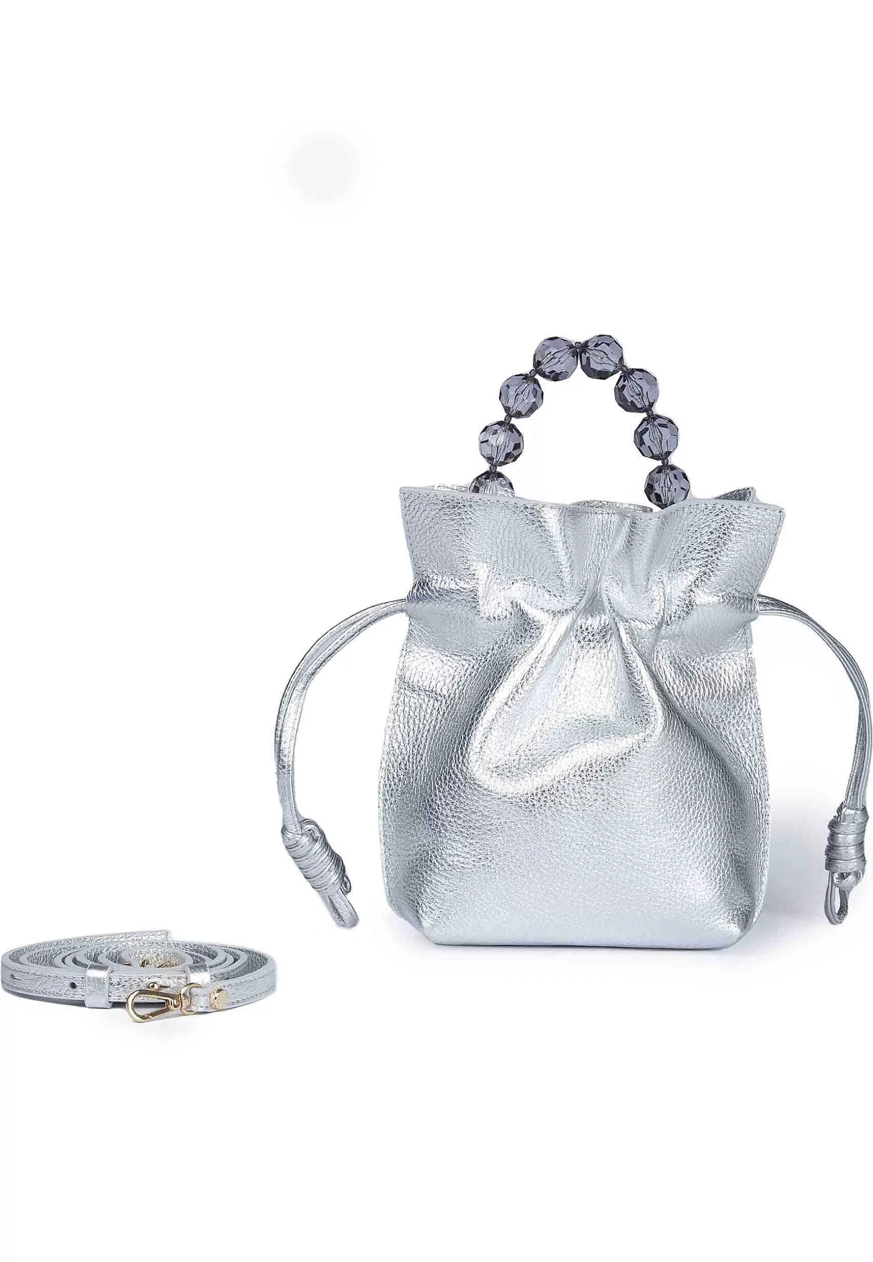 Borsa Donna In Pelle Argento Con Chiusura Coulisse E Manico Gioiello*Roberta Gandolfi Clearance