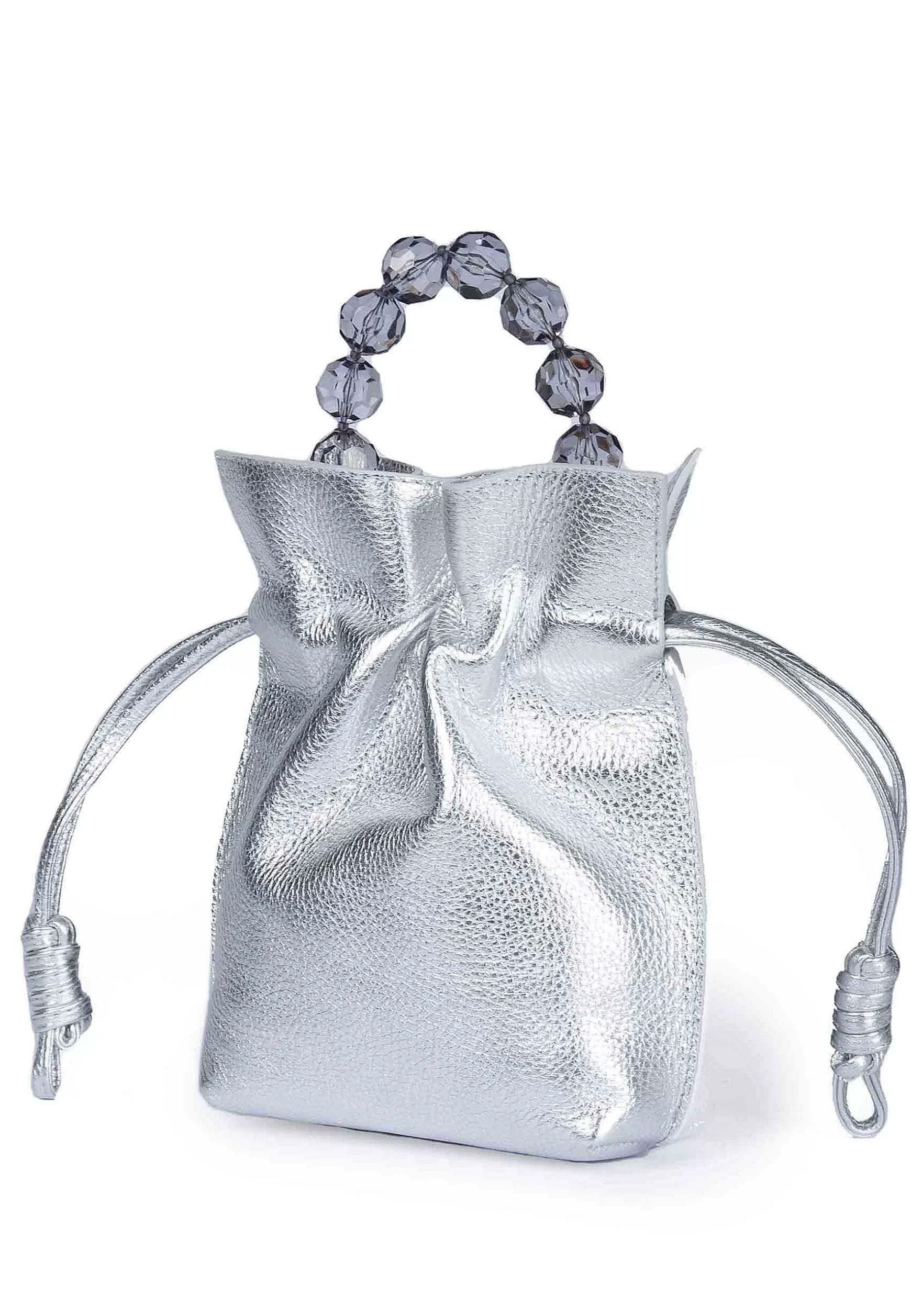 Borsa Donna In Pelle Argento Con Chiusura Coulisse E Manico Gioiello*Roberta Gandolfi Clearance