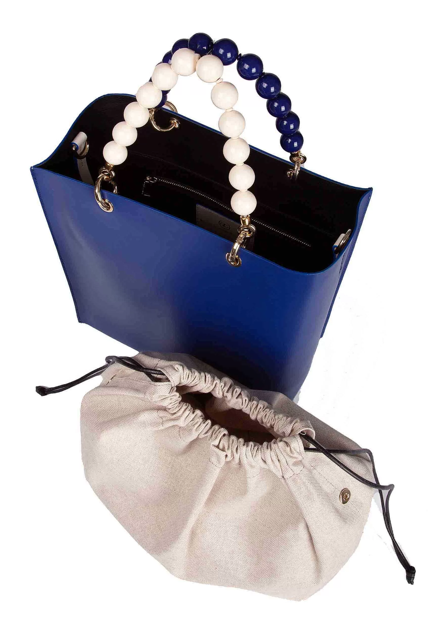 Borsa Donna In Pelle Blu E Panna Con Manico Gioiello E Tracolla Removibile*Roberta Gandolfi Store