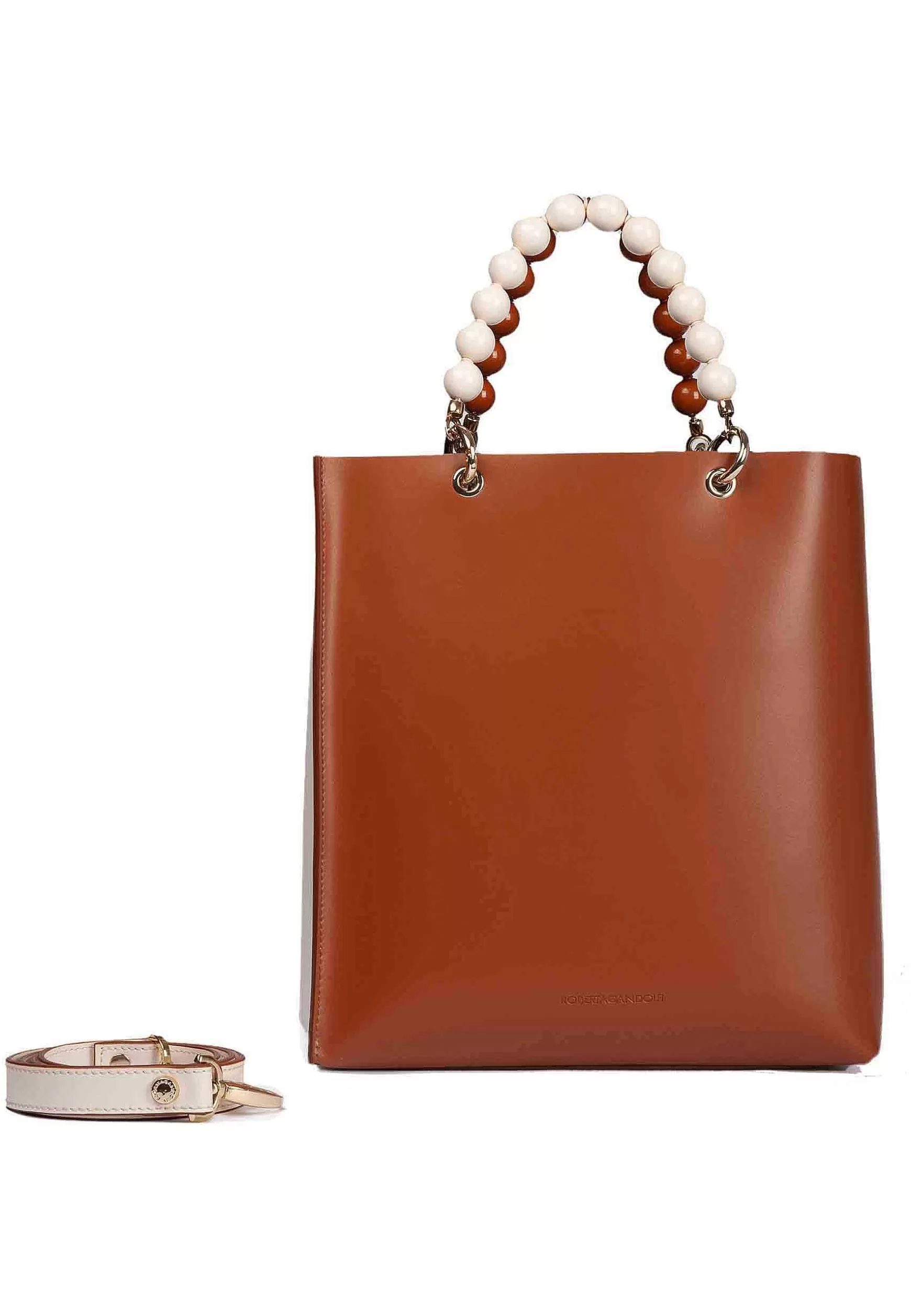 Borsa Donna In Pelle Cuoio E Panna Con Manico Gioiello E Tracolla Removibile*Roberta Gandolfi Shop