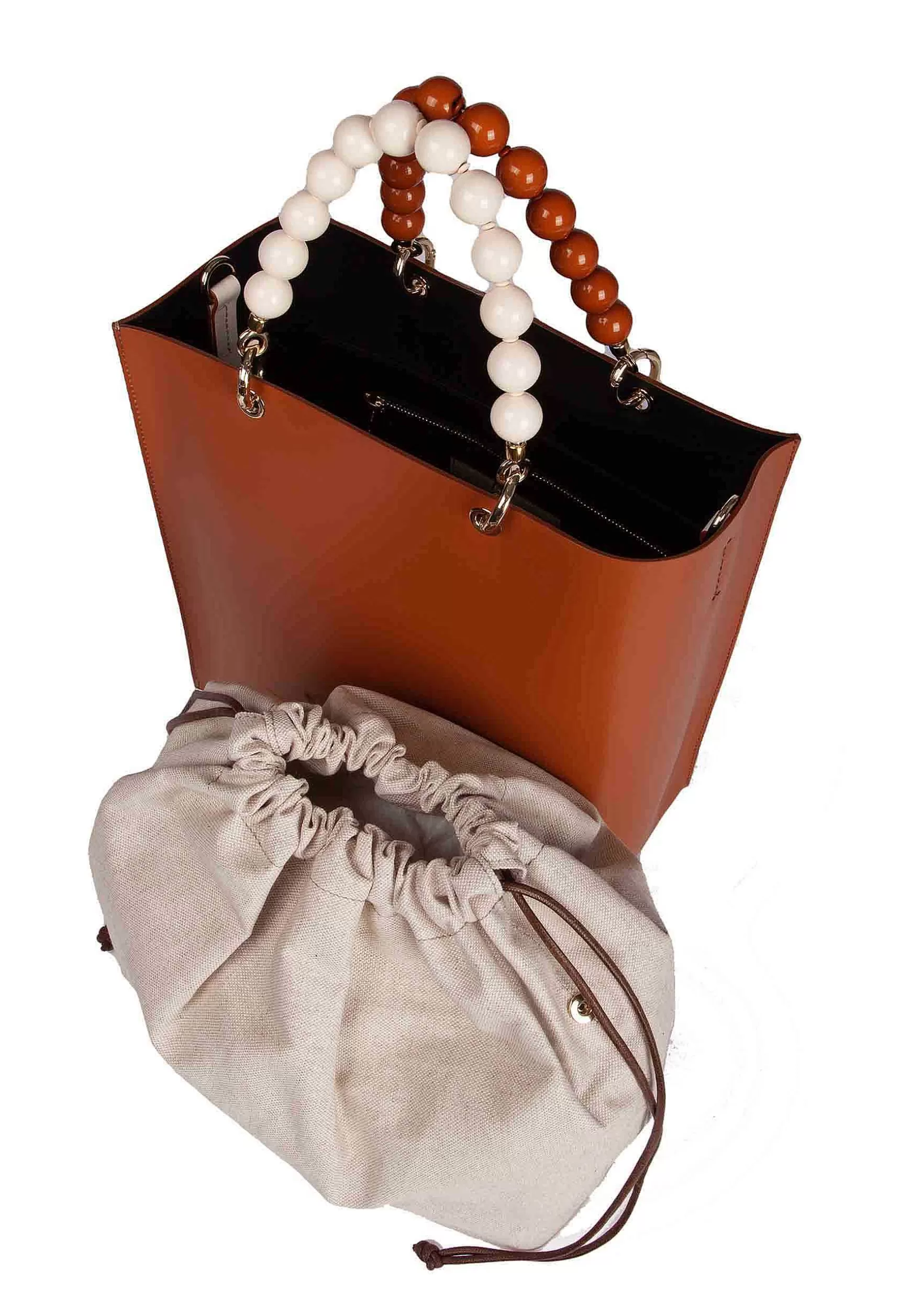 Borsa Donna In Pelle Cuoio E Panna Con Manico Gioiello E Tracolla Removibile*Roberta Gandolfi Shop