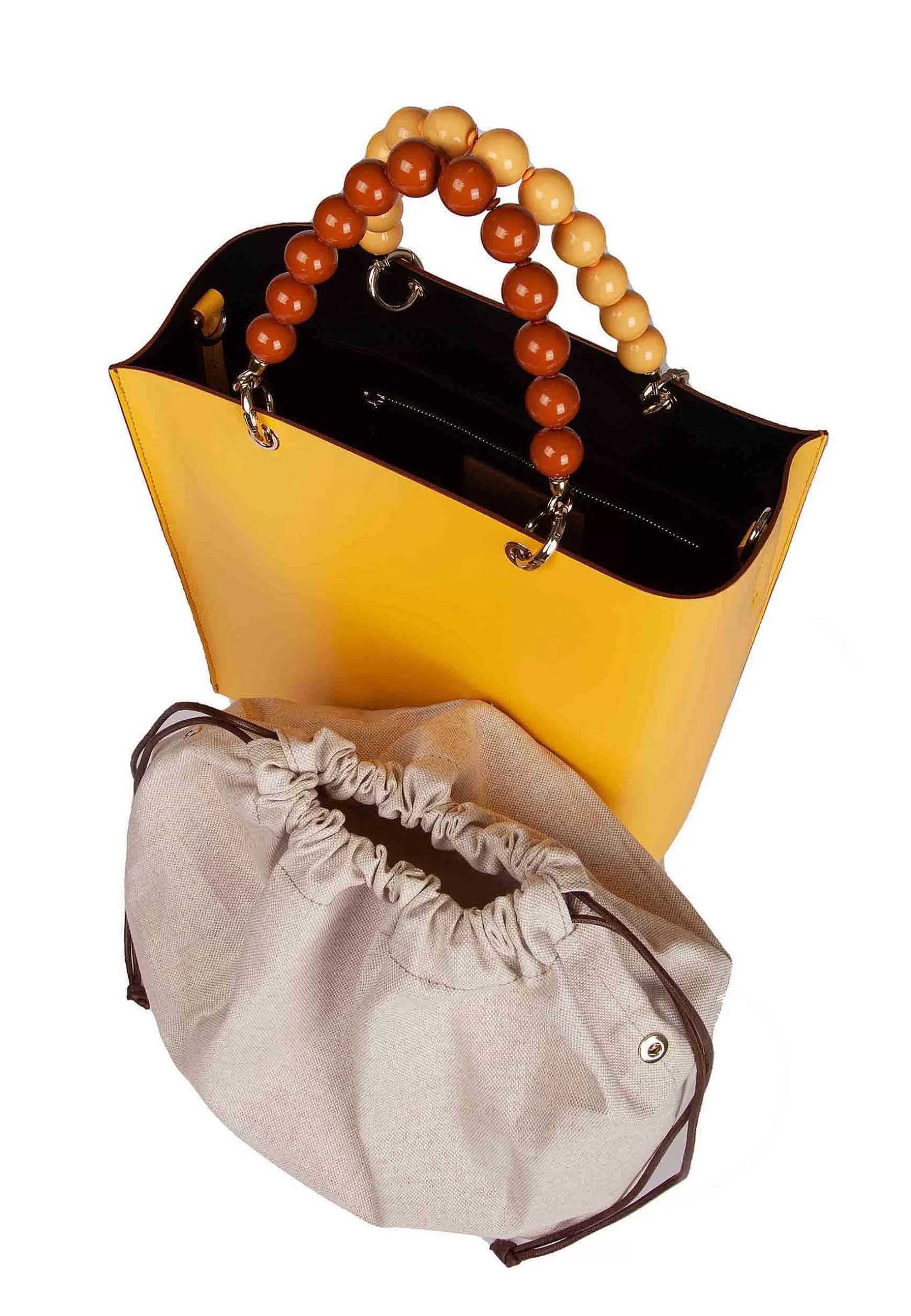 Borsa Donna In Pelle Gialla E Cuoio Con Manico Gioiello E Tracolla Removibile*Roberta Gandolfi Discount