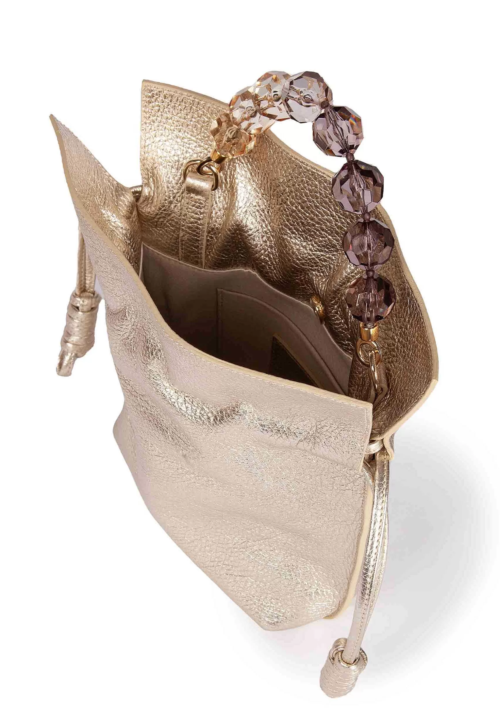Borsa Donna In Pelle Platino Con Chiusura Coulisse E Manico Gioiello*Roberta Gandolfi Best