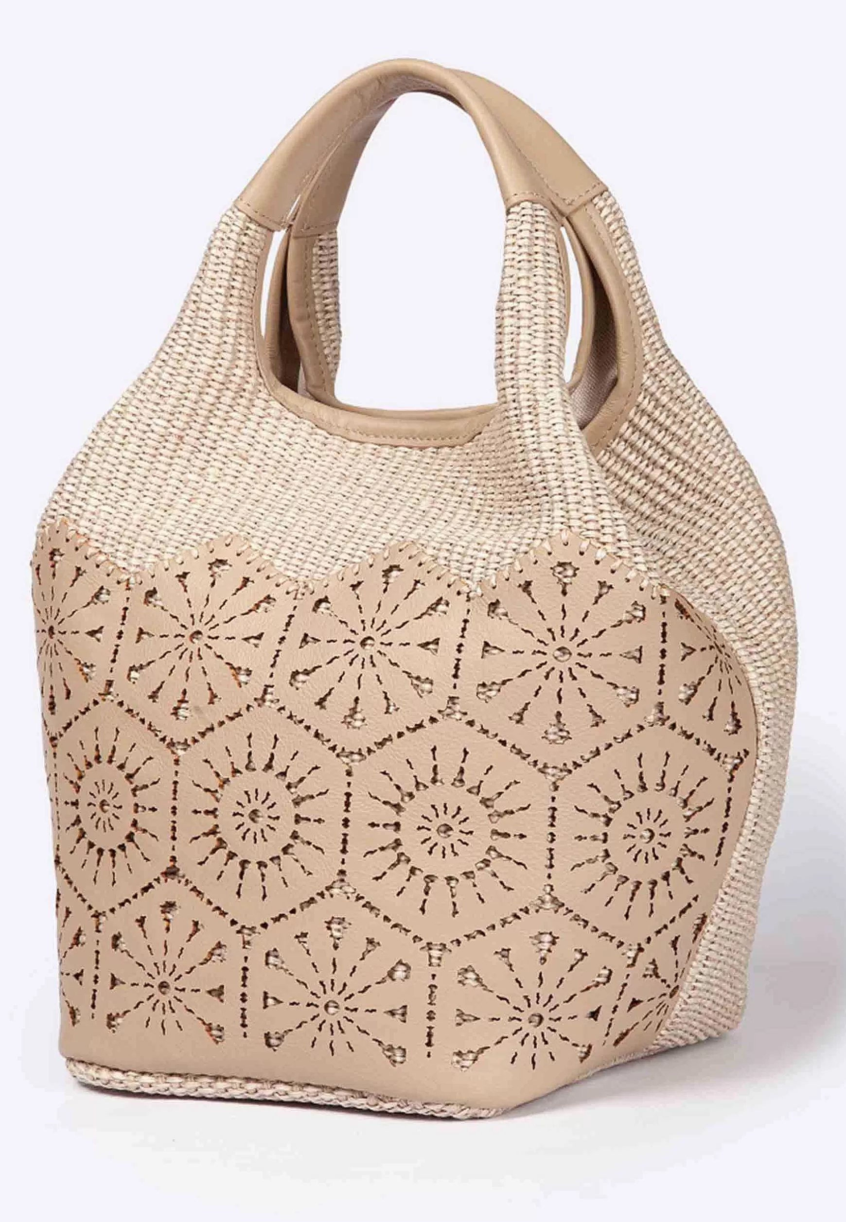 Borsa Donna In Tessuto E Pelle Beige Con Doppi Manici A Mano*Roberta Gandolfi Hot