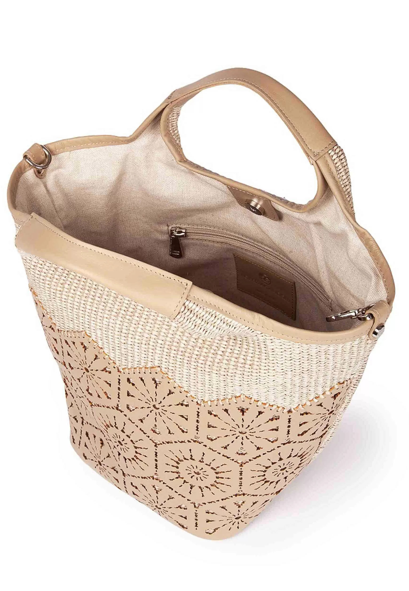 Borsa Donna In Tessuto E Pelle Beige Con Doppi Manici A Mano*Roberta Gandolfi Hot