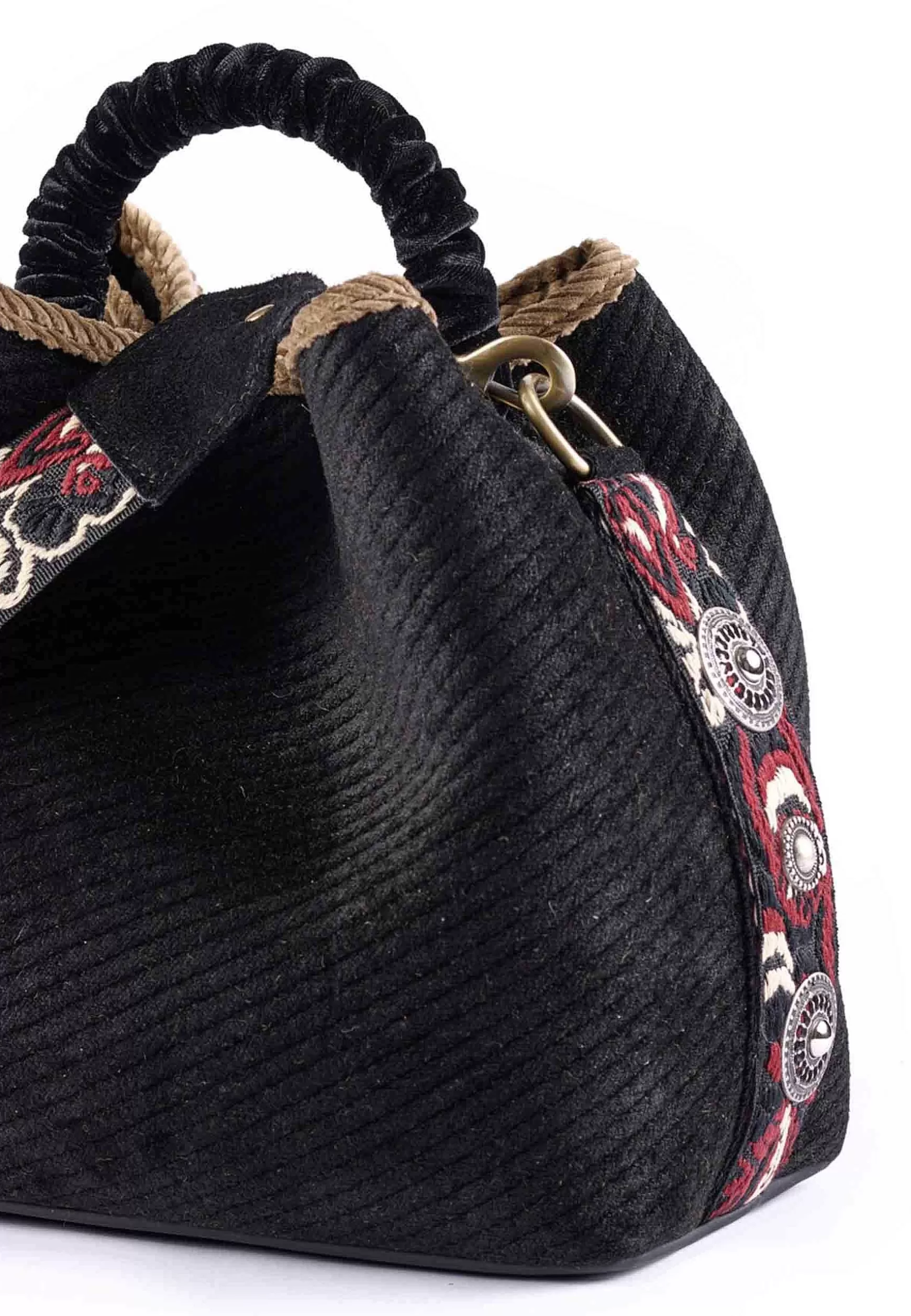 Borsa Secchiello Donna In Ciniglia Nera Con Tacolla Etnica E Borchie*Via Mail Bag Best