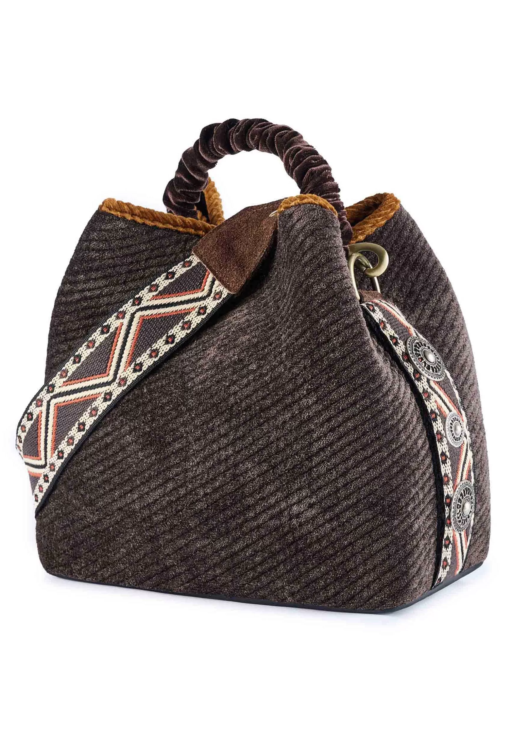 Borsa Secchiello Donna In Ciniglia Testa Di Moro Con Tacolla Etnica E Borchie*Via Mail Bag Cheap