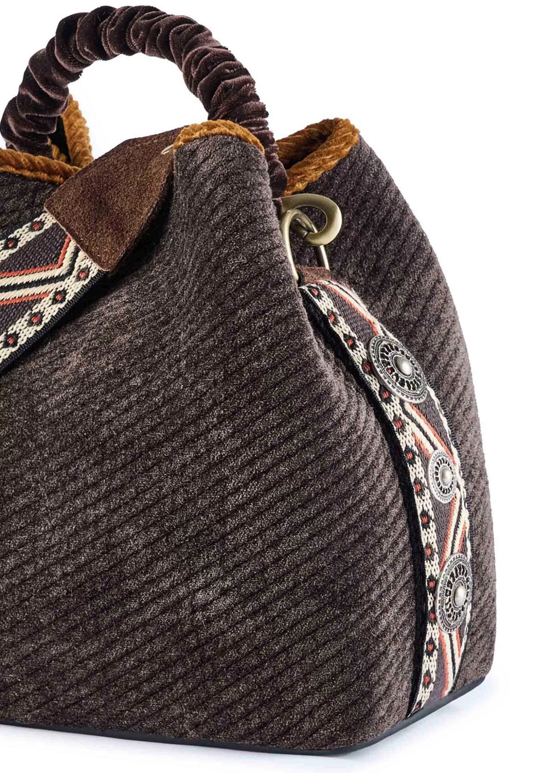 Borsa Secchiello Donna In Ciniglia Testa Di Moro Con Tacolla Etnica E Borchie*Via Mail Bag Cheap