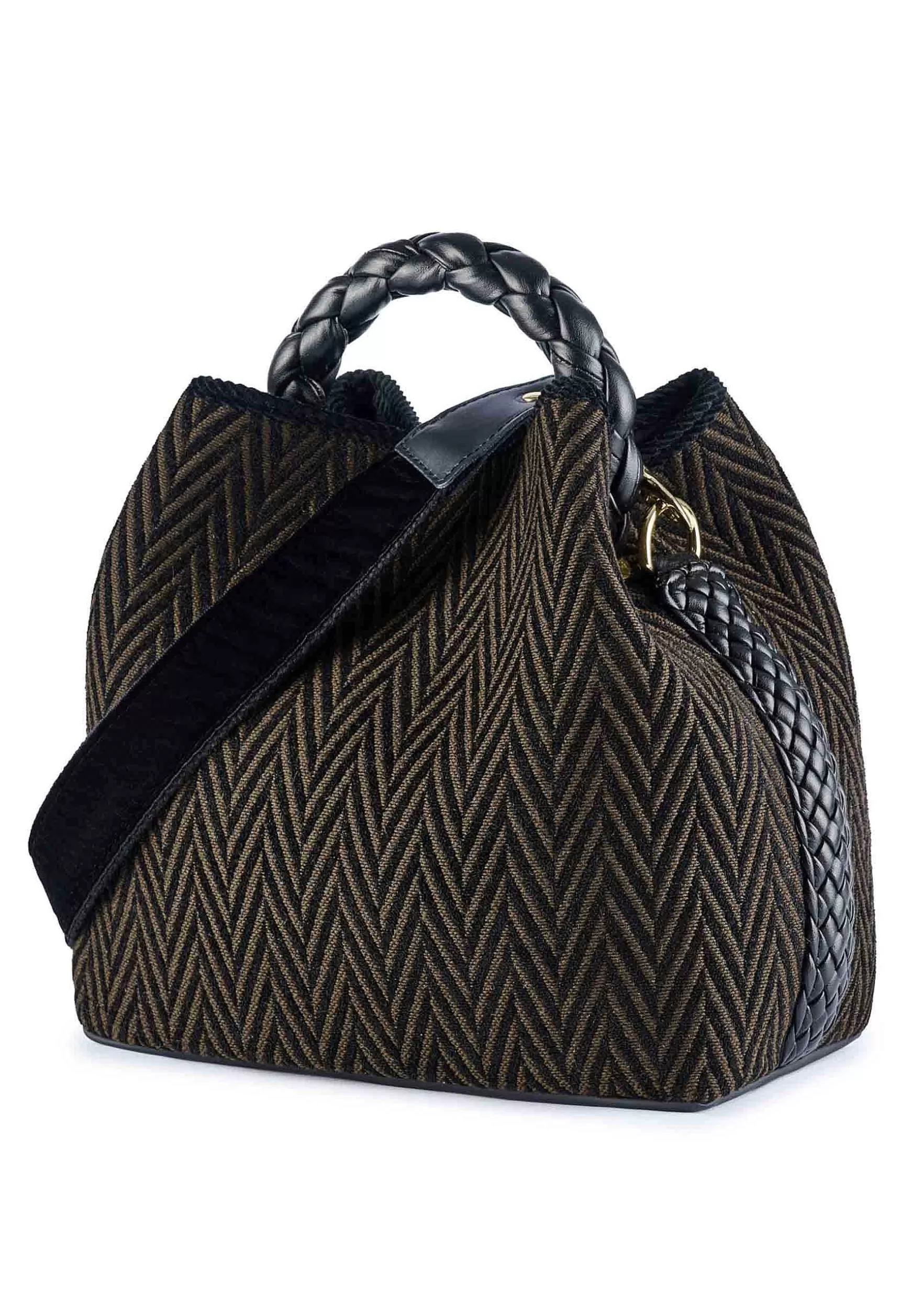 Borsa Secchiello Donna In Jacquard Spigato Nero Con Tracolla In Velluto*Via Mail Bag Shop