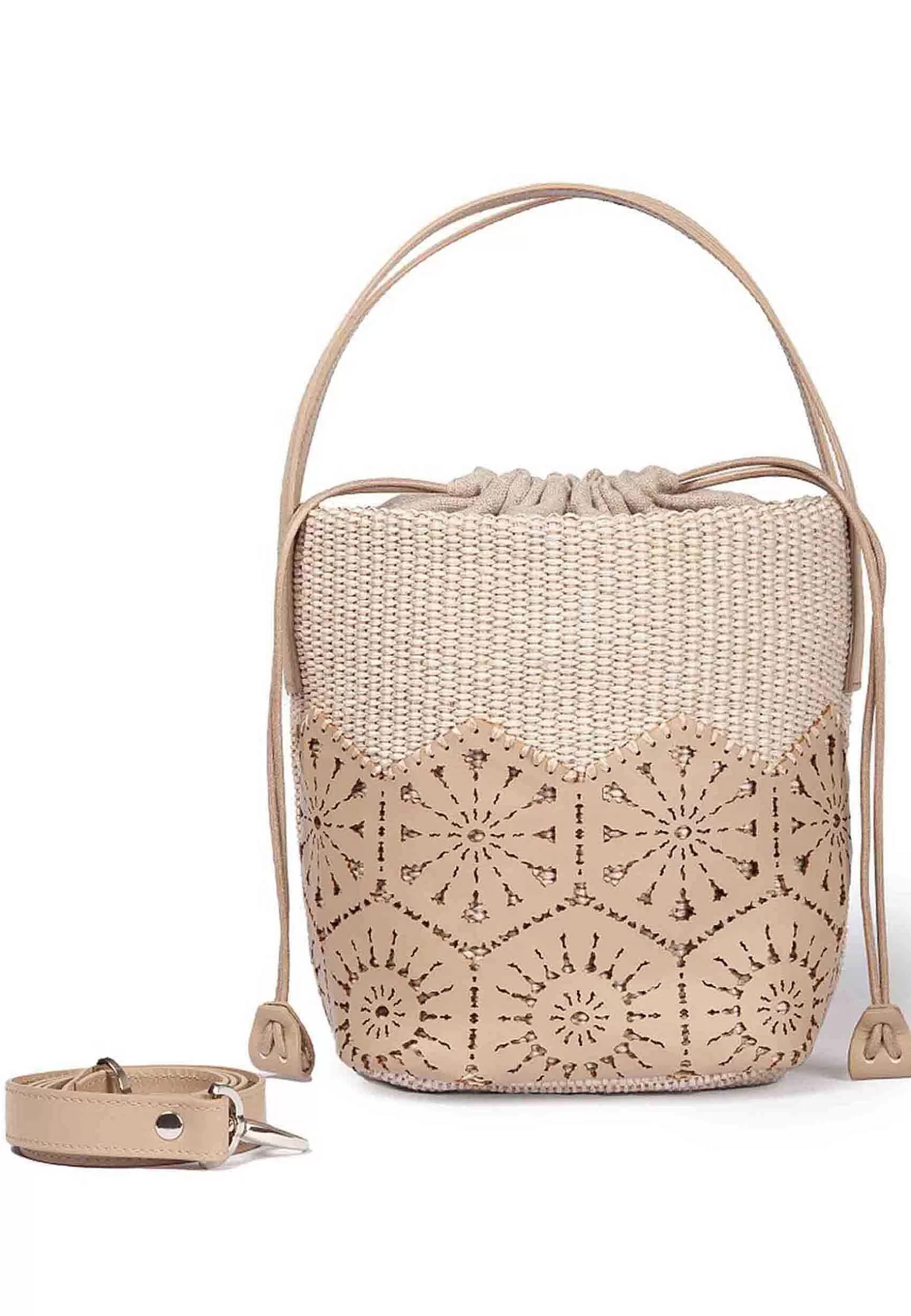 Borsa Secchiello Donna In Tessuto Naturale E Pelle Beige Effetto Pizzo*Roberta Gandolfi Online