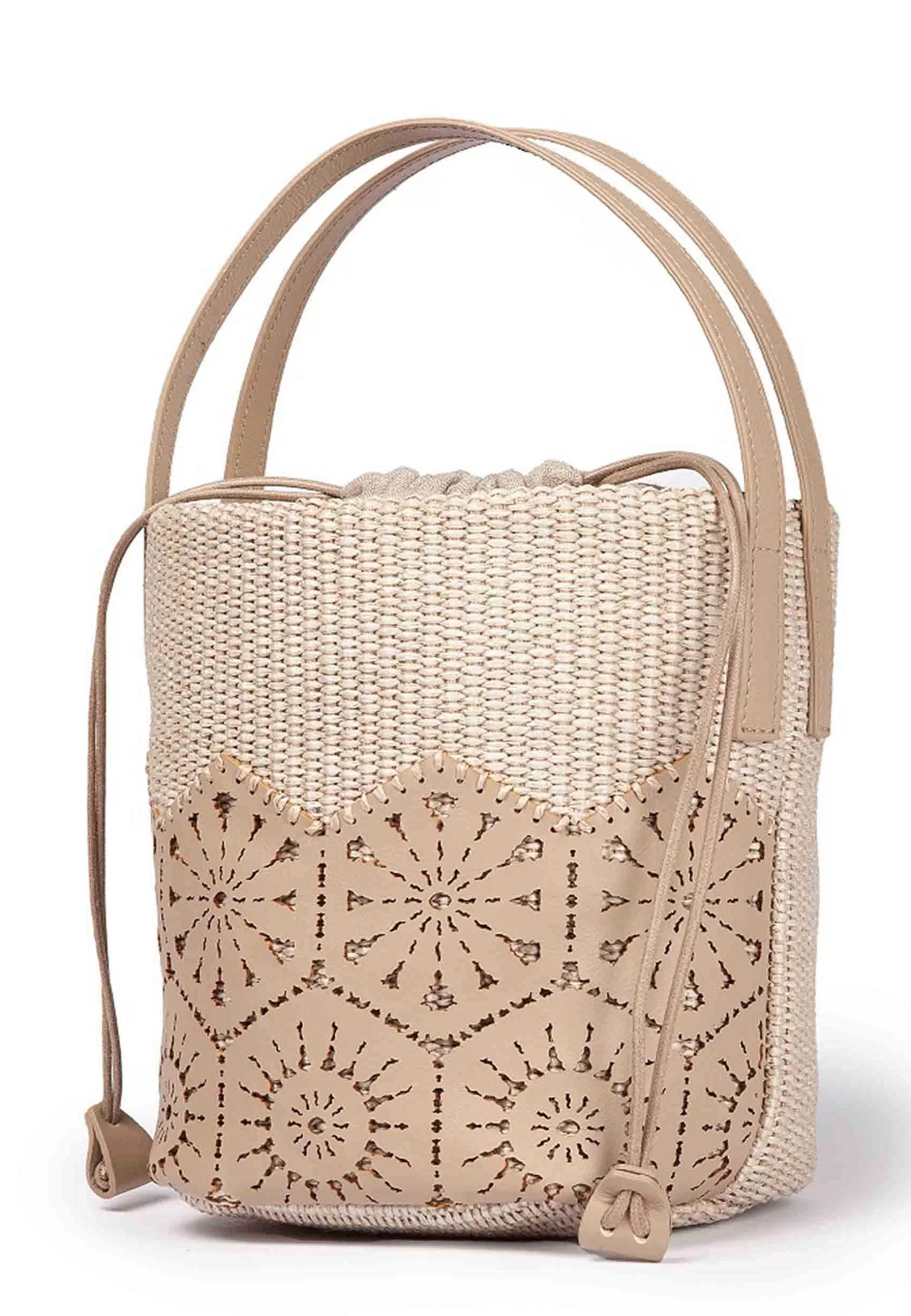 Borsa Secchiello Donna In Tessuto Naturale E Pelle Beige Effetto Pizzo*Roberta Gandolfi Online