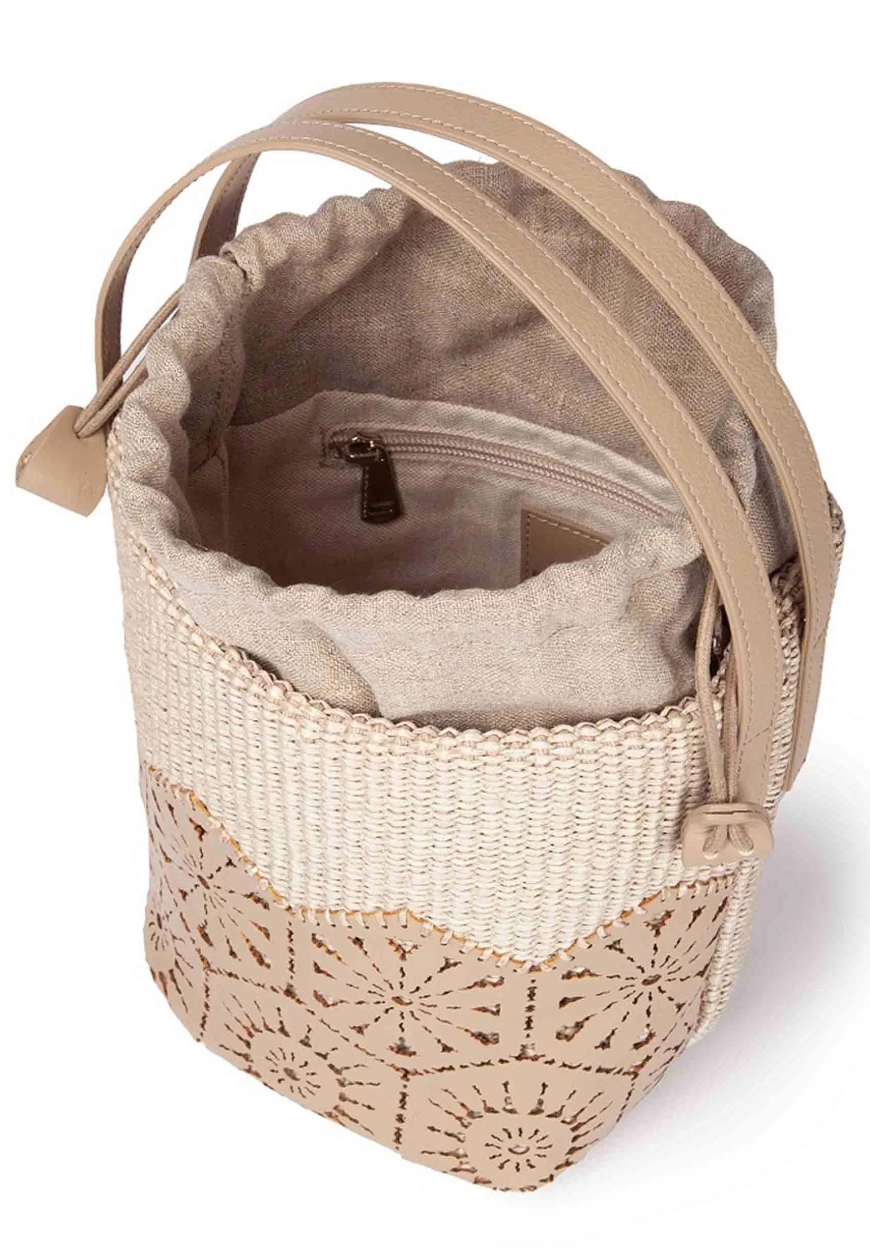 Borsa Secchiello Donna In Tessuto Naturale E Pelle Beige Effetto Pizzo*Roberta Gandolfi Online