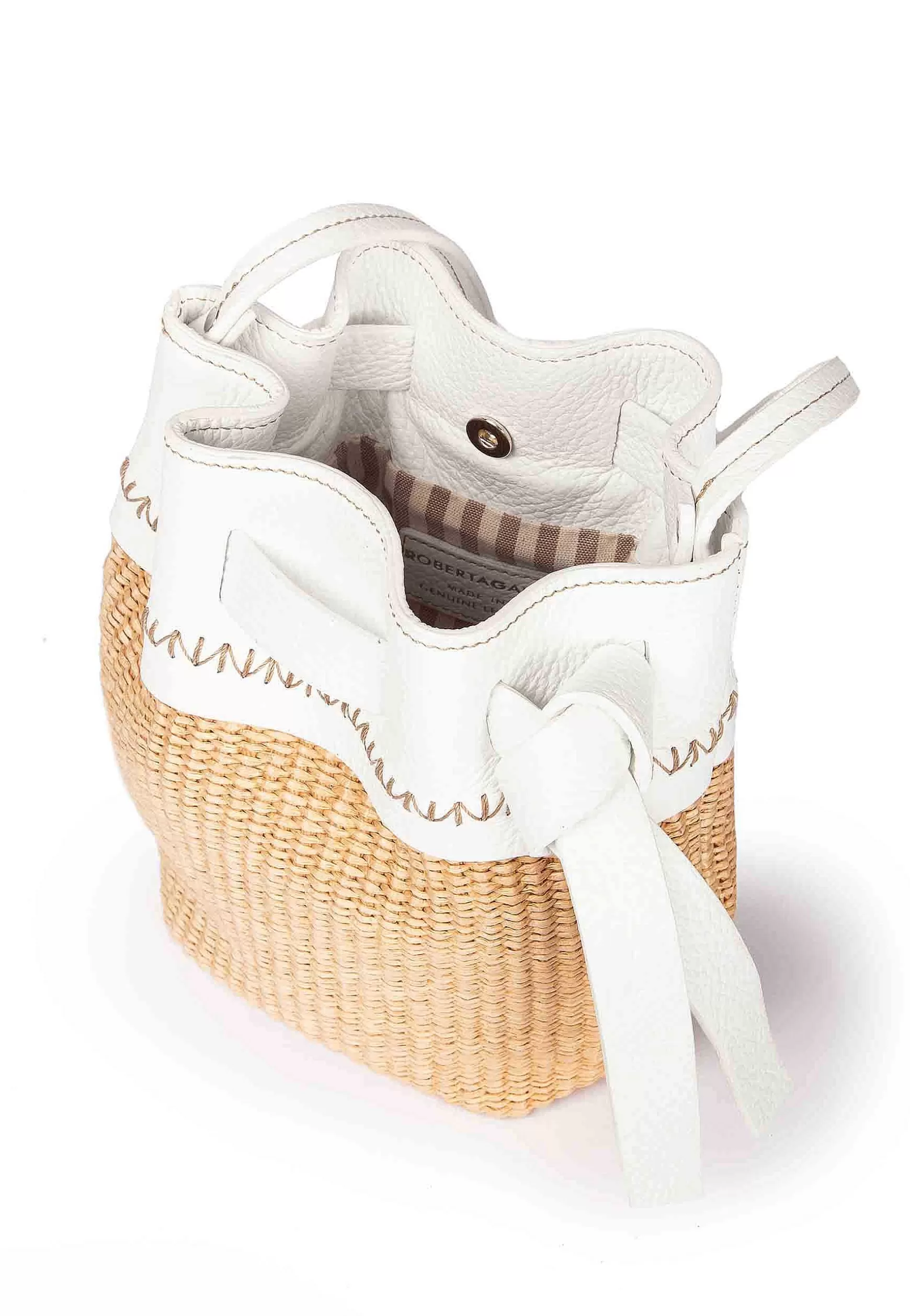 Borsa Secchiello Donna In Tessuto Naturale E Pelle Bianca*Roberta Gandolfi Outlet