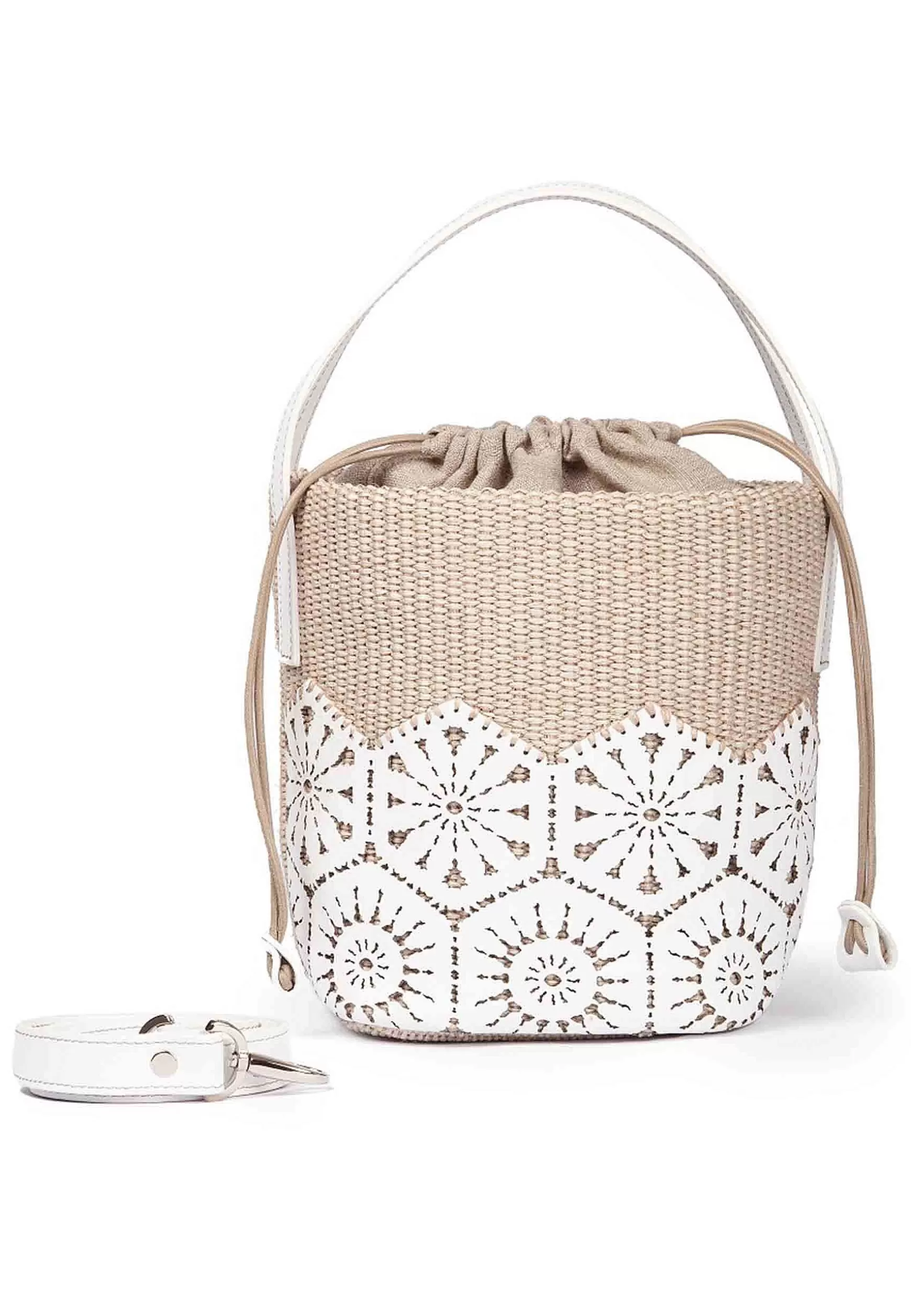 Borsa Secchiello Donna In Tessuto Naturale E Pelle Bianca Effetto Pizzo*Roberta Gandolfi Cheap