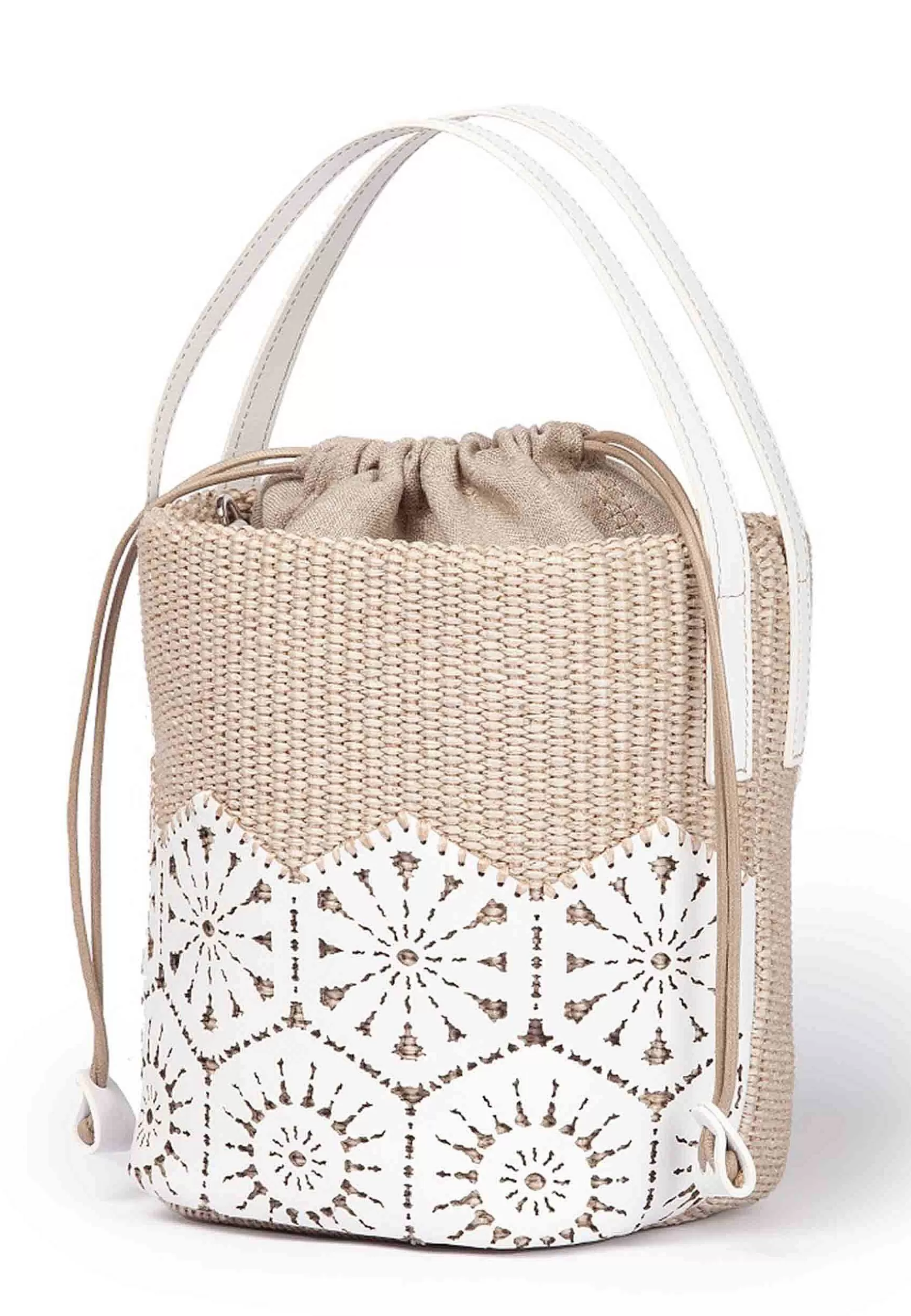 Borsa Secchiello Donna In Tessuto Naturale E Pelle Bianca Effetto Pizzo*Roberta Gandolfi Cheap
