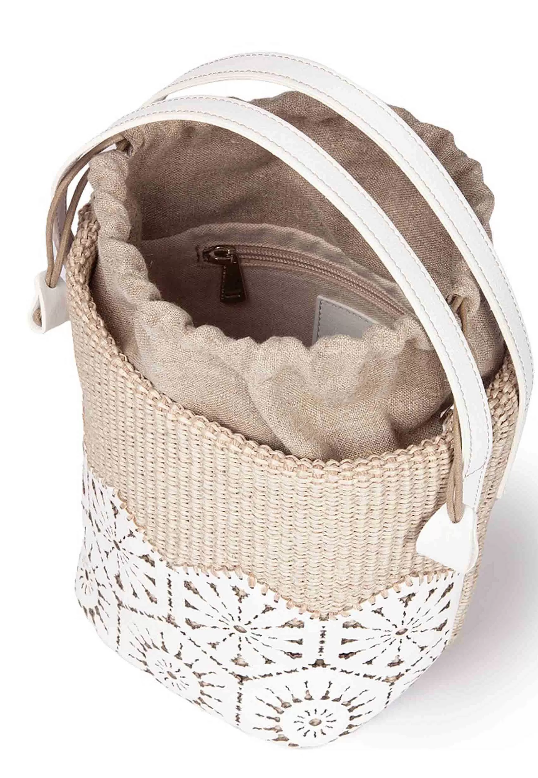 Borsa Secchiello Donna In Tessuto Naturale E Pelle Bianca Effetto Pizzo*Roberta Gandolfi Cheap