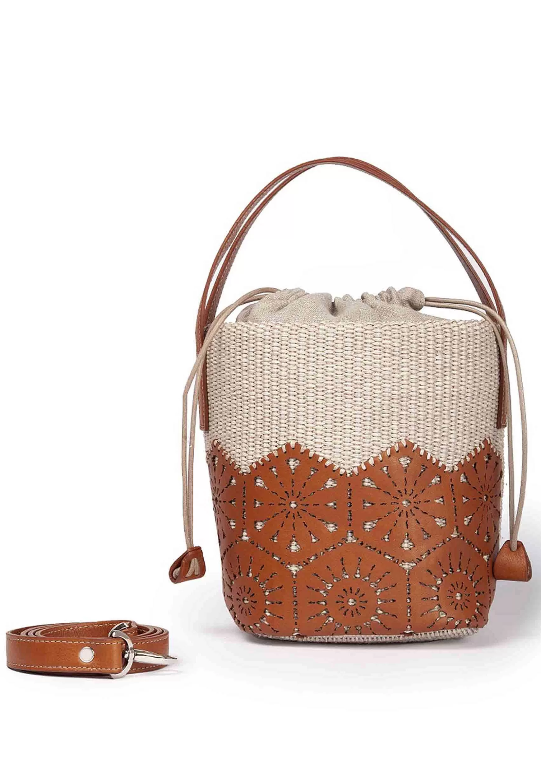 Borsa Secchiello Donna In Tessuto Naturale E Pelle Cuoio Effetto Pizzo*Roberta Gandolfi Outlet