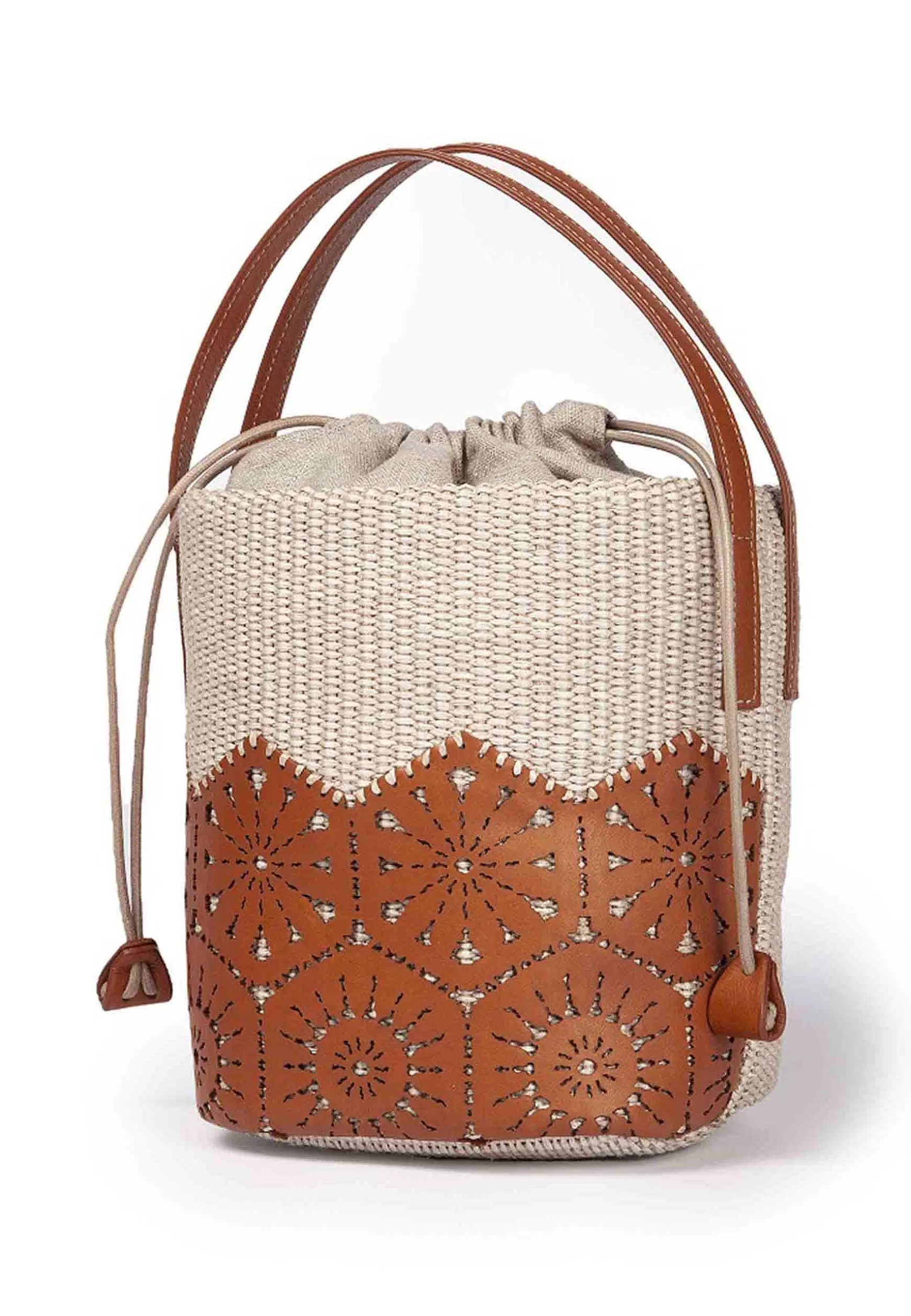 Borsa Secchiello Donna In Tessuto Naturale E Pelle Cuoio Effetto Pizzo*Roberta Gandolfi Outlet