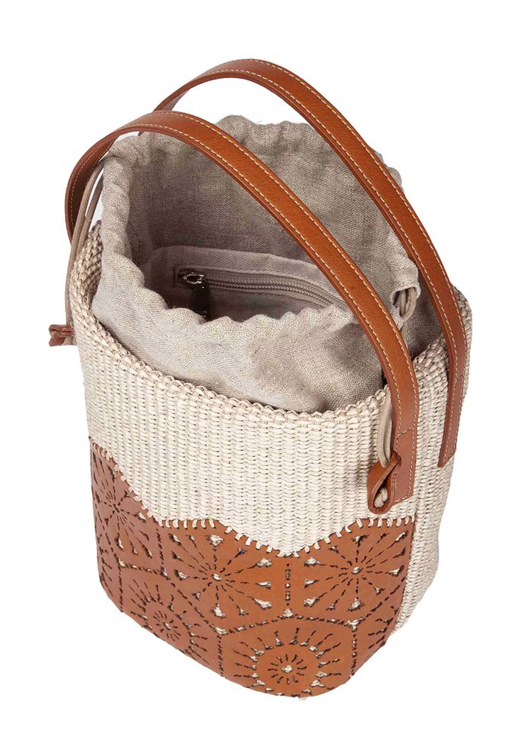 Borsa Secchiello Donna In Tessuto Naturale E Pelle Cuoio Effetto Pizzo*Roberta Gandolfi Outlet
