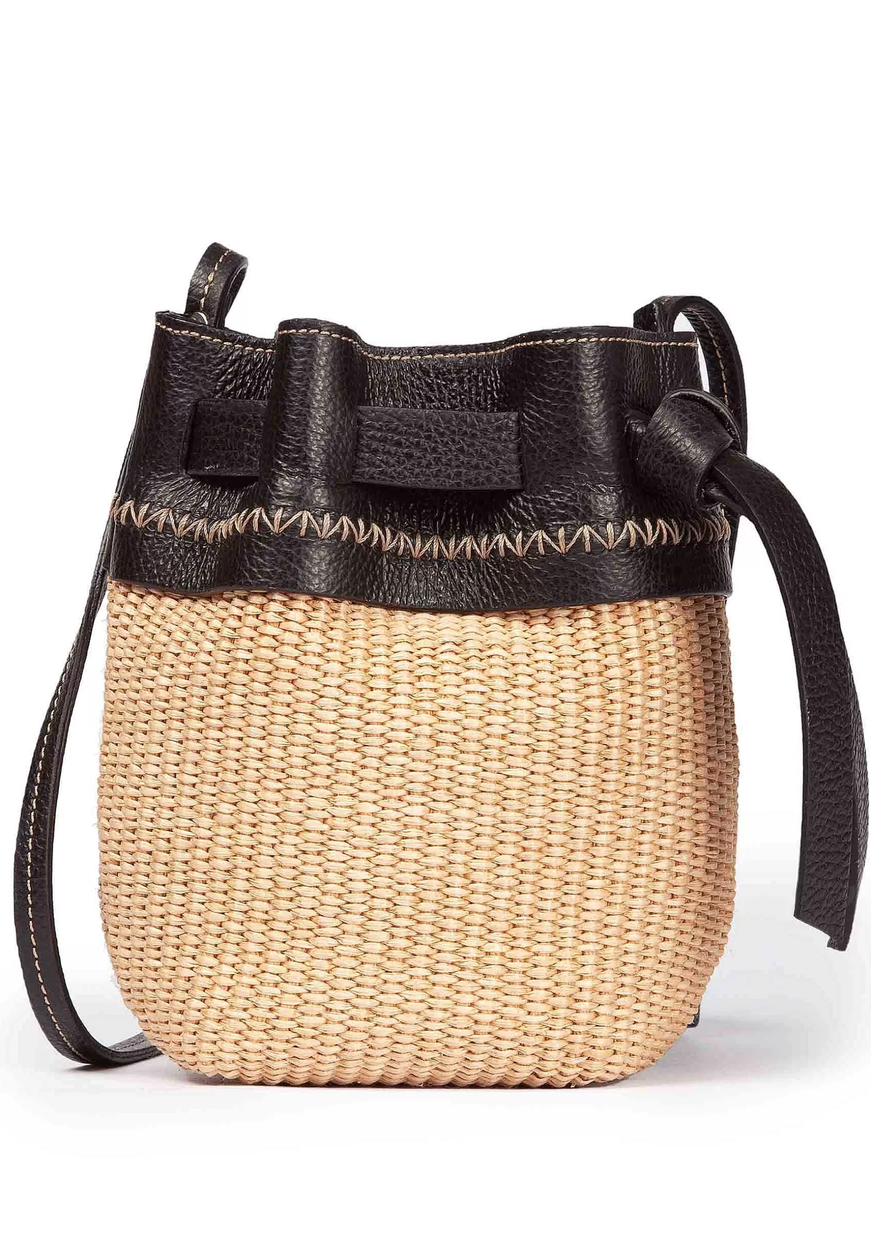 Borsa Secchiello Donna In Tessuto Naturale E Pelle Nera*Roberta Gandolfi Store