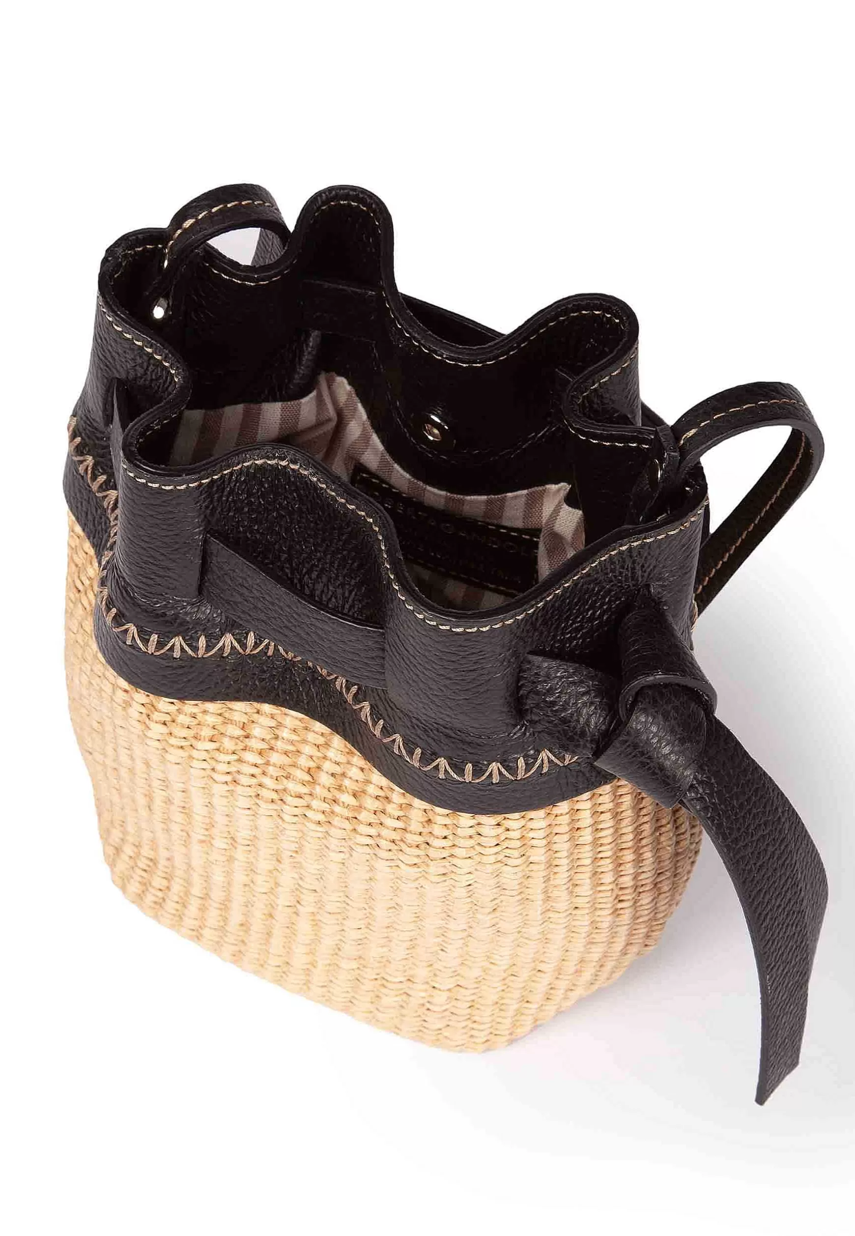 Borsa Secchiello Donna In Tessuto Naturale E Pelle Nera*Roberta Gandolfi Store