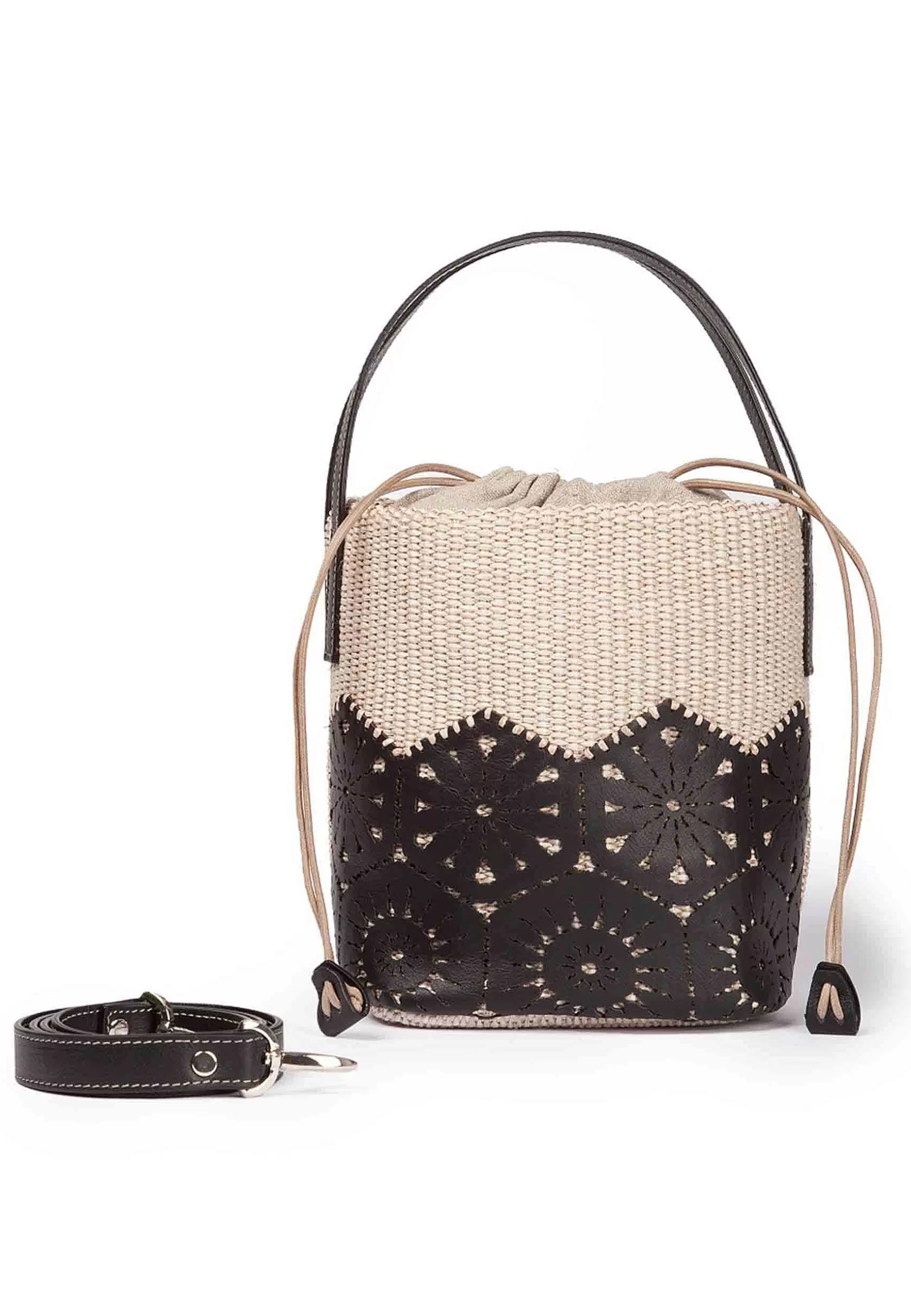 Borsa Secchiello Donna In Tessuto Naturale E Pelle Nera Effetto Pizzo*Roberta Gandolfi Discount