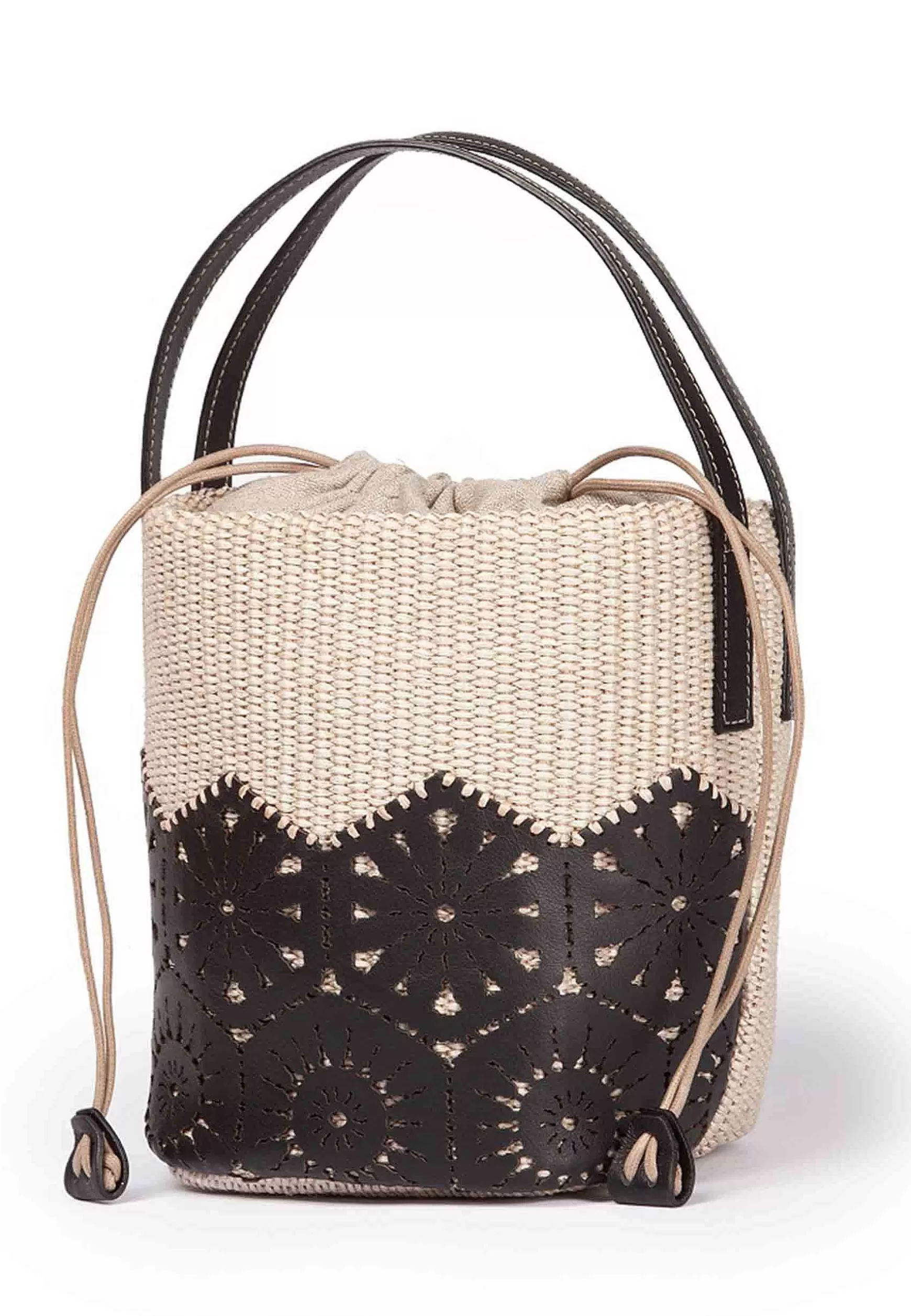 Borsa Secchiello Donna In Tessuto Naturale E Pelle Nera Effetto Pizzo*Roberta Gandolfi Discount