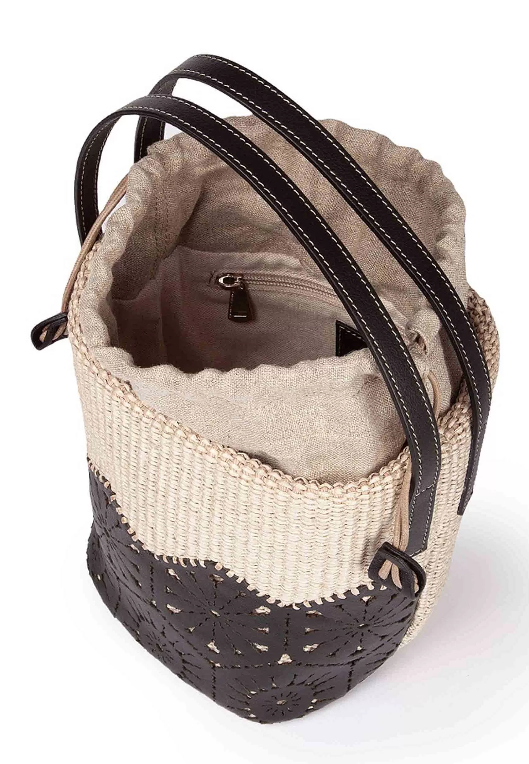 Borsa Secchiello Donna In Tessuto Naturale E Pelle Nera Effetto Pizzo*Roberta Gandolfi Discount