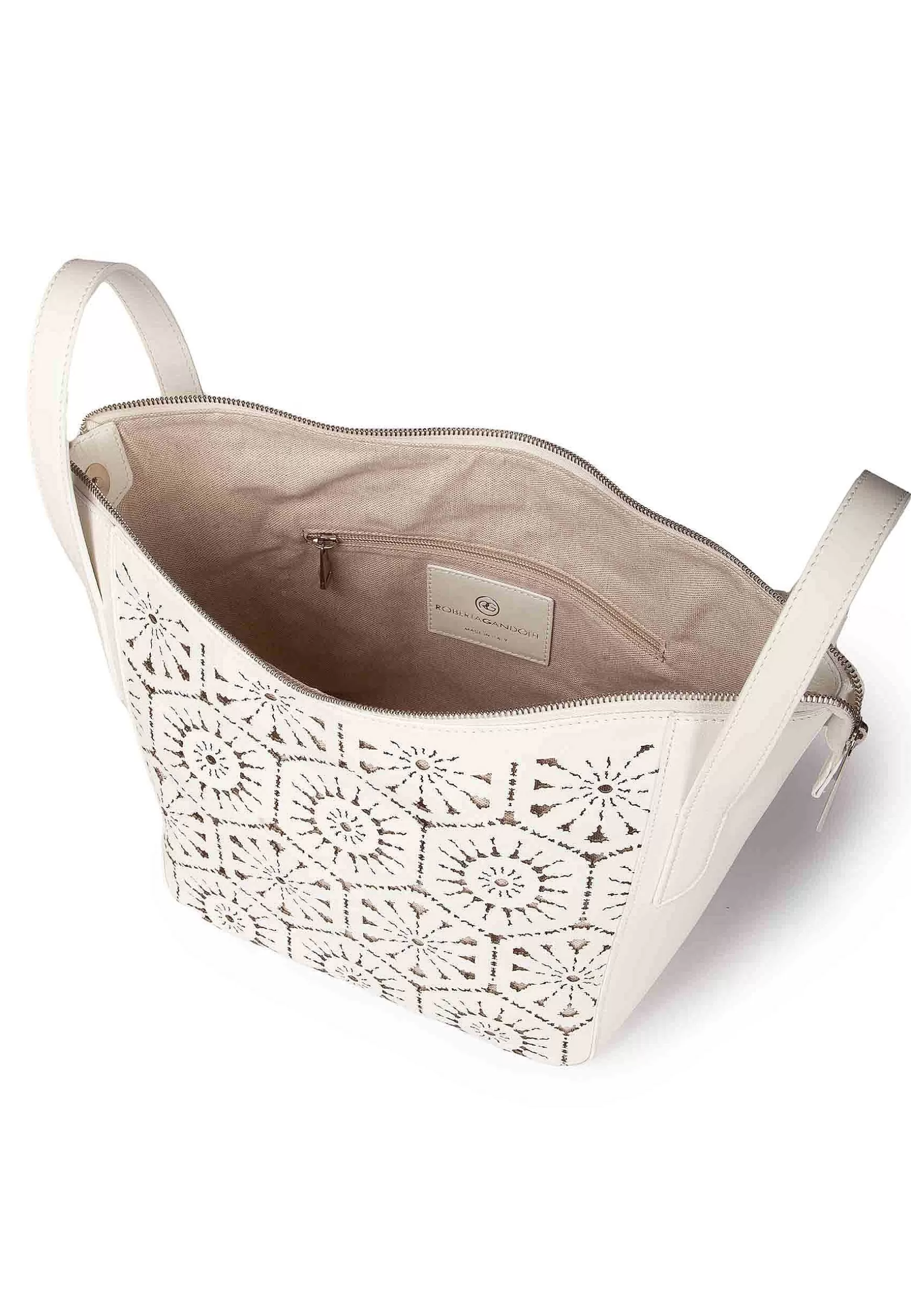 Borsa Shopping A Tracolla Donna In Pelle Laserata Panna Con Tracolla*Roberta Gandolfi Shop