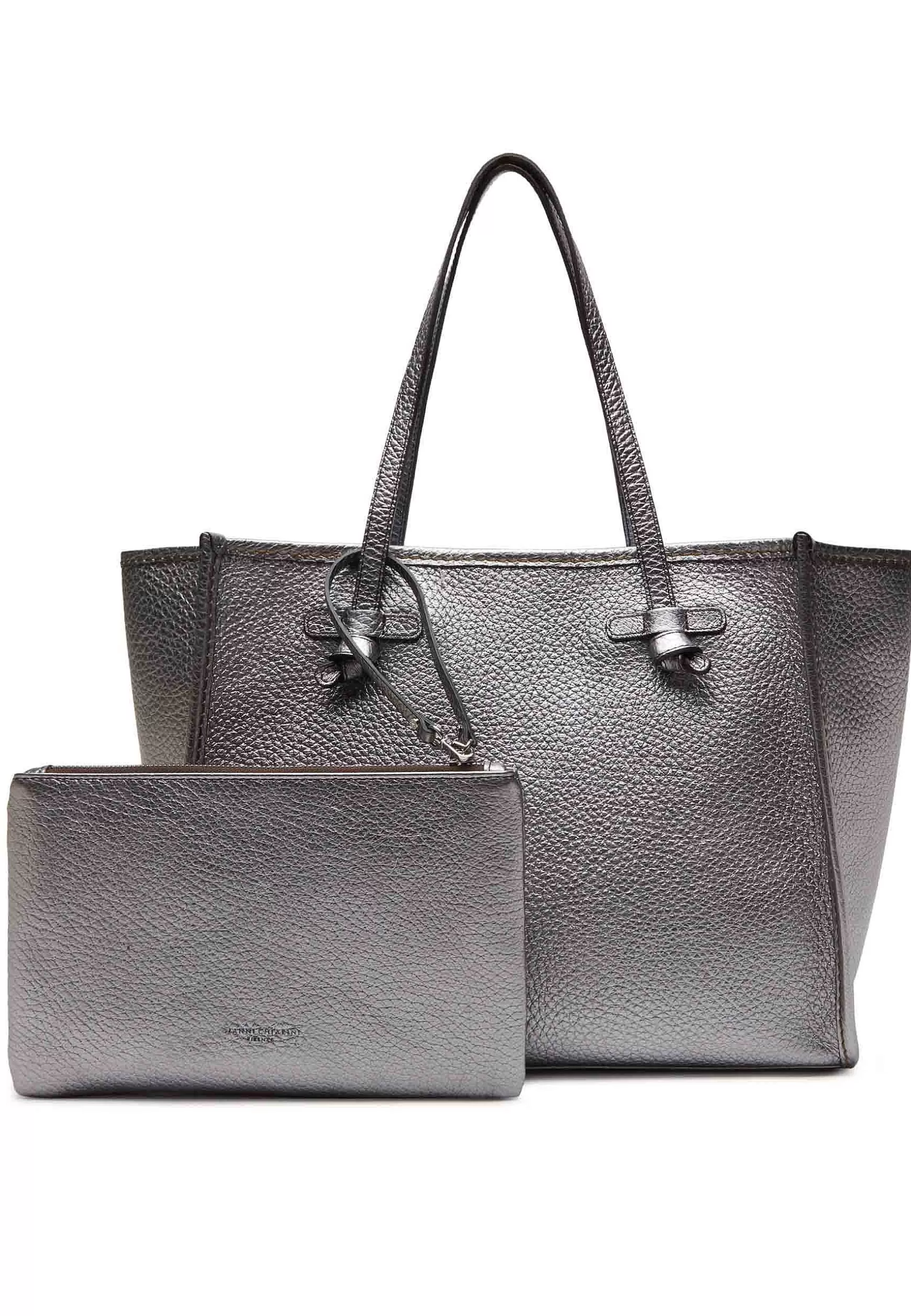 Borsa Shopping Donna In Pelle Argento Con Doppi Manici In Pelle*Marcella Club Flash Sale