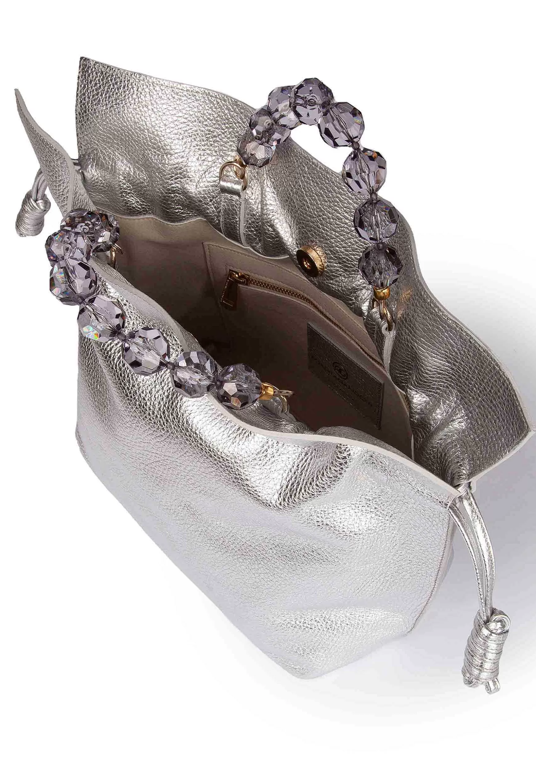 Borsa Shopping Donna In Pelle Argento Con Manico Gioiello E Chiusura Coulisse*Roberta Gandolfi Cheap