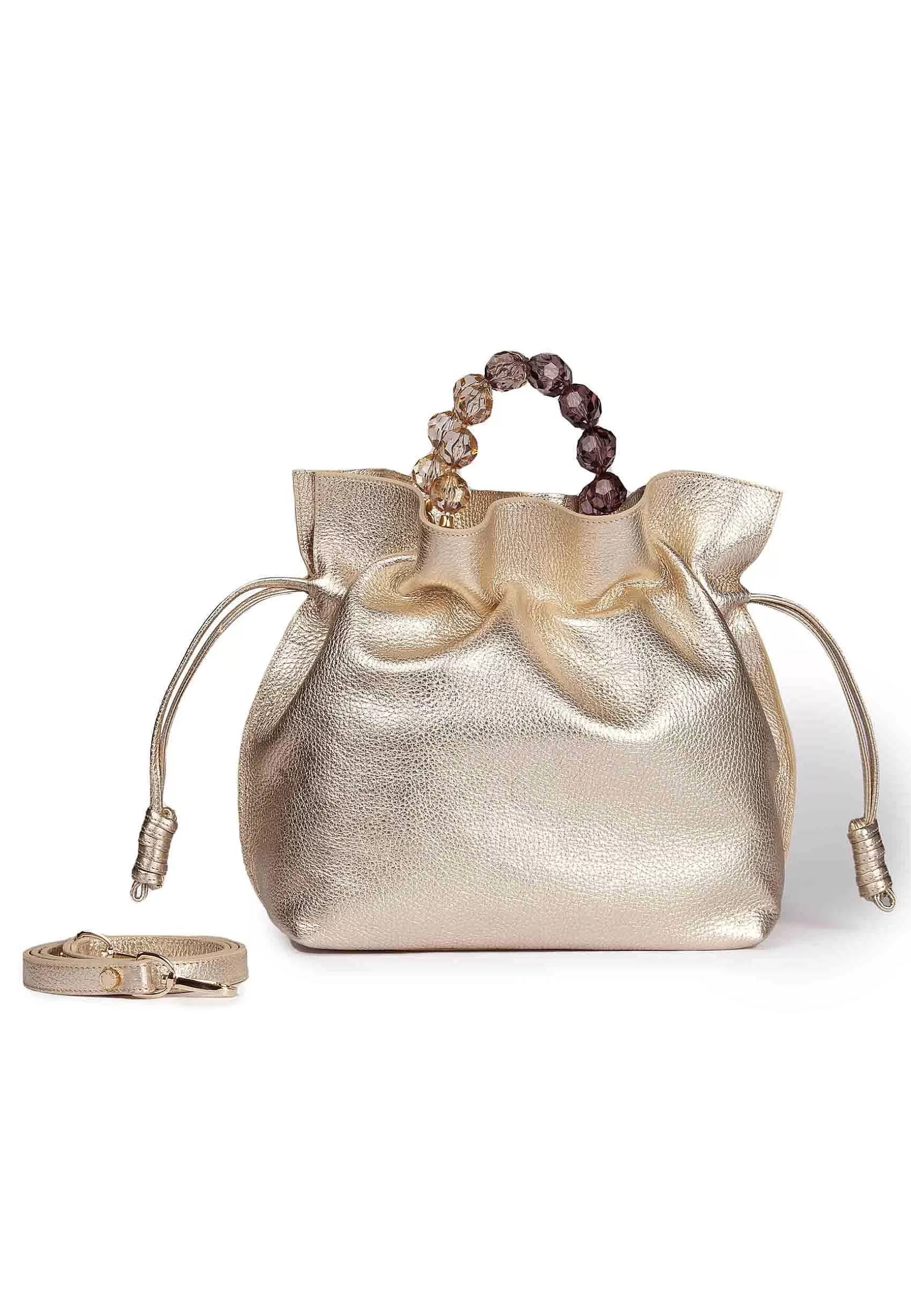 Borsa Shopping Donna In Pelle Platino Con Manico Gioiello E Chiusura Coulisse*Roberta Gandolfi Fashion