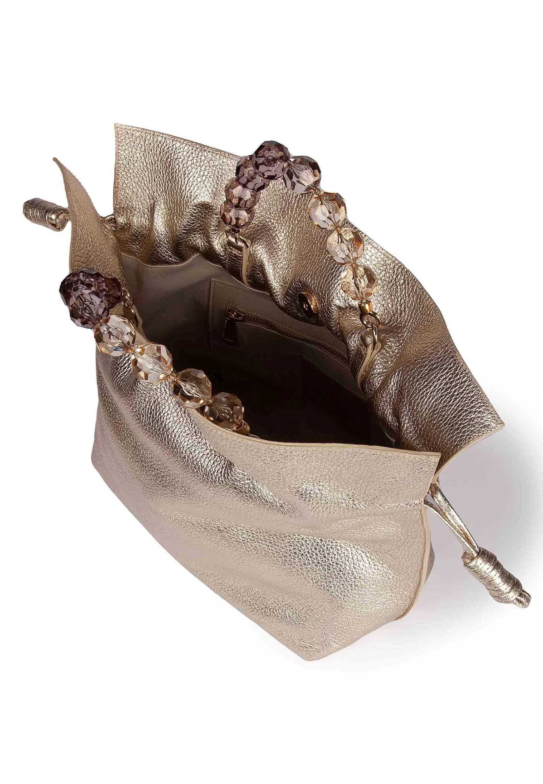 Borsa Shopping Donna In Pelle Platino Con Manico Gioiello E Chiusura Coulisse*Roberta Gandolfi Fashion