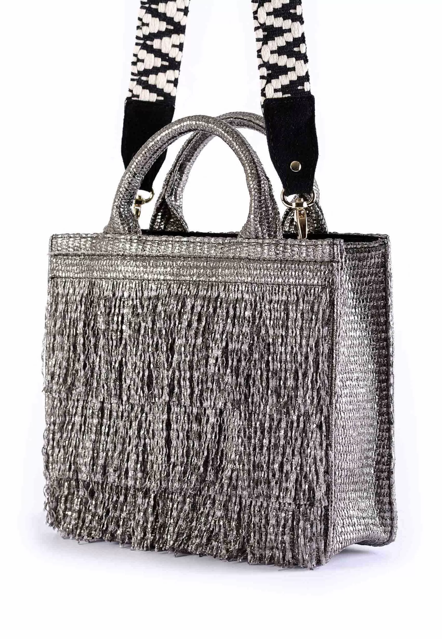 Borsa Shopping Donna In Rafia Glitter Nero Con Tracolla*Via Mail Bag Clearance