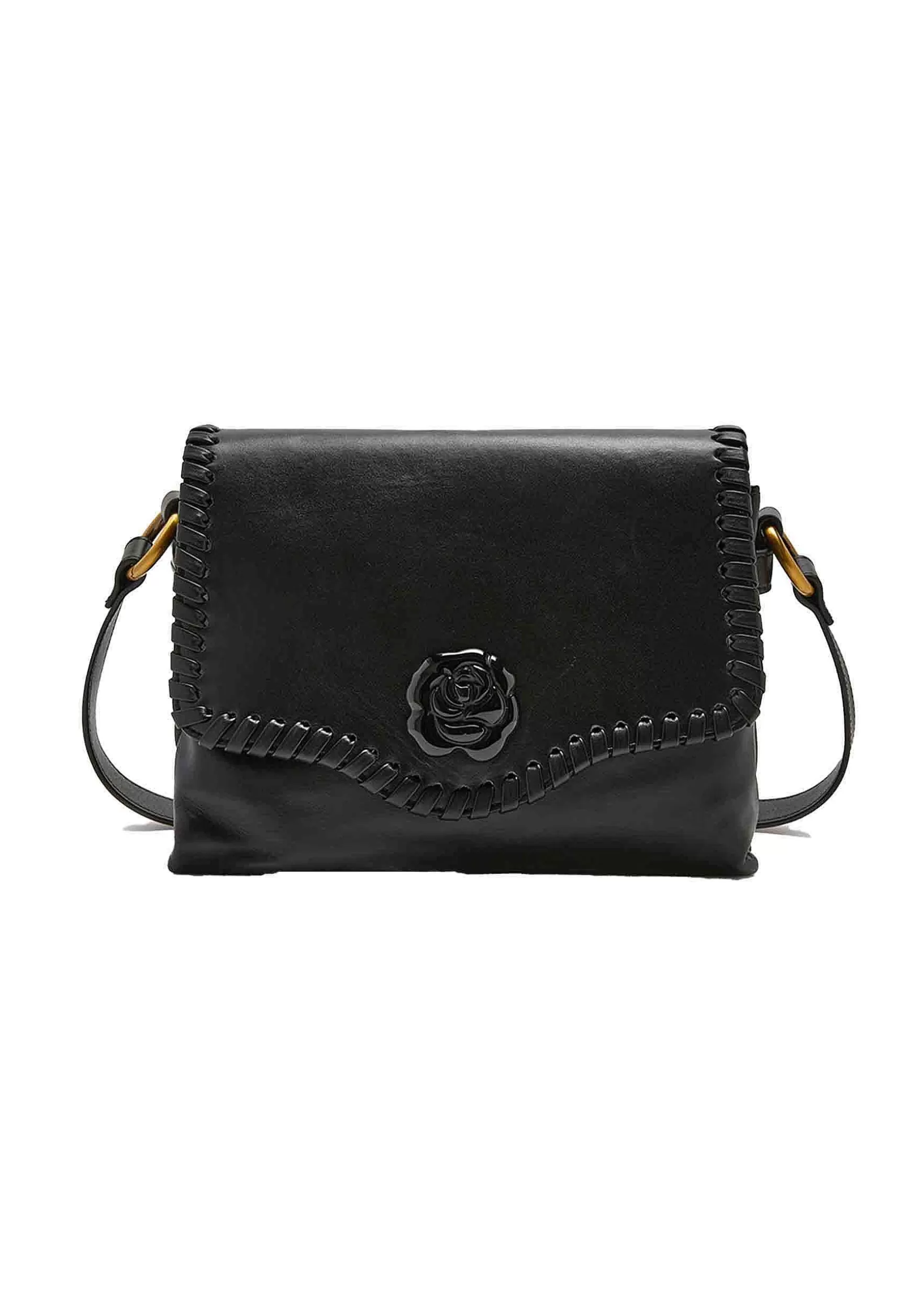 Borsa Tracolla Donna Tresse In Pelle Nera Con Rosone*Maliparmi Store