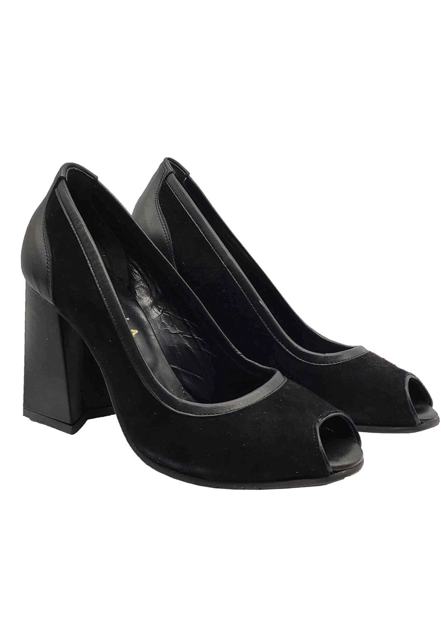 Calzature Donna Decollete Open Toe In Camoscio E Pelle Nera Tacco Alto** Fashion