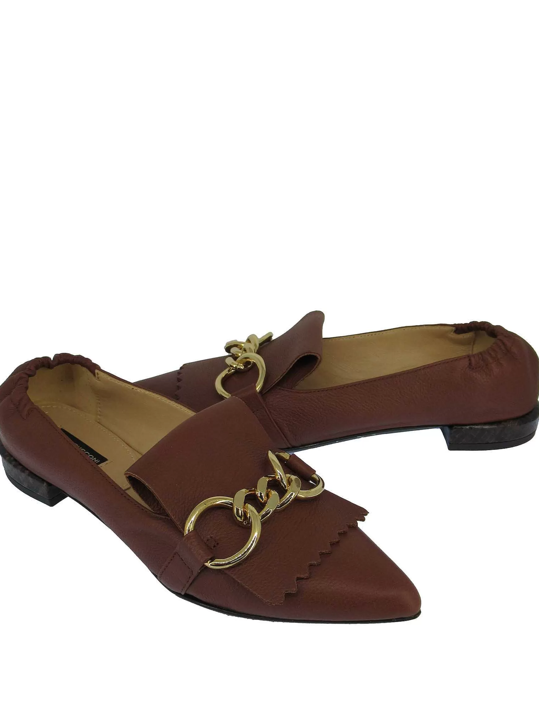 Calzature Donna Mocassini In Pelle Cuoio Con Frange E Catena Oro Punta A Punta E Tacco Basso*Fabio Rusconi Clearance