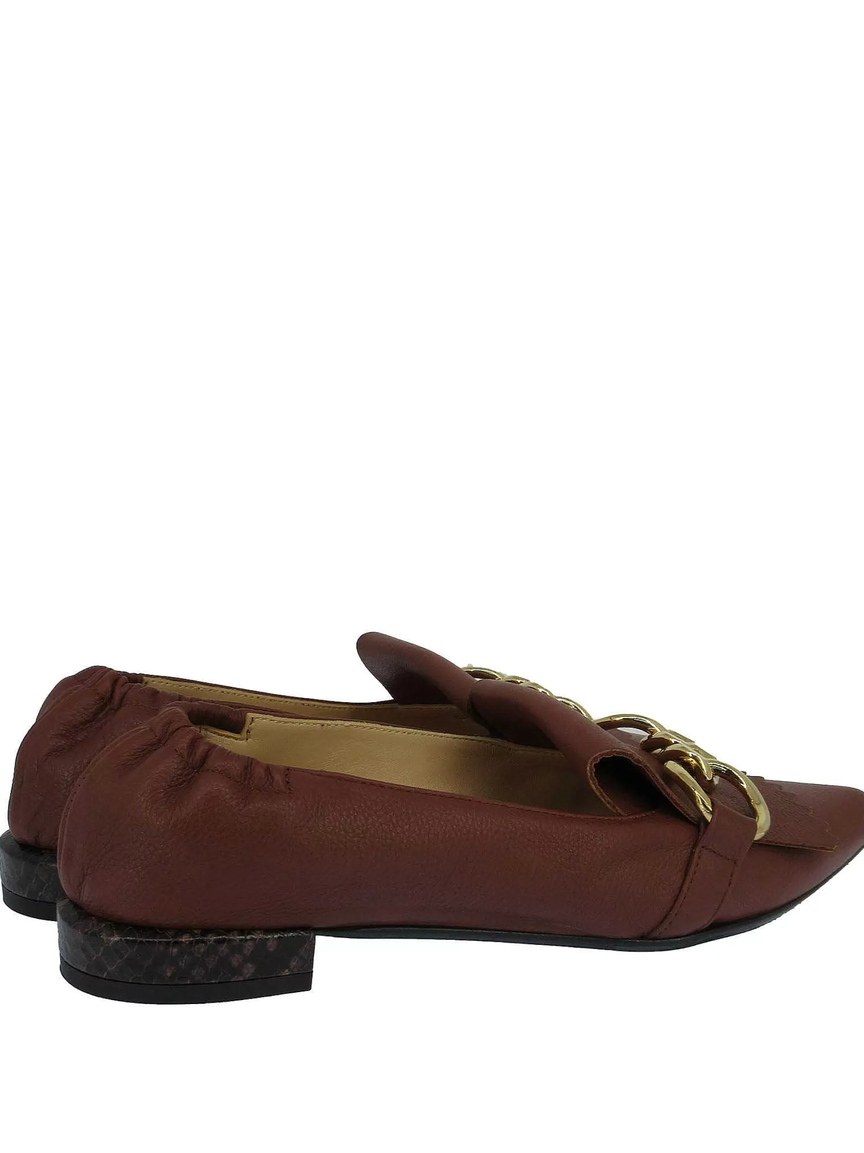 Calzature Donna Mocassini In Pelle Cuoio Con Frange E Catena Oro Punta A Punta E Tacco Basso*Fabio Rusconi Clearance