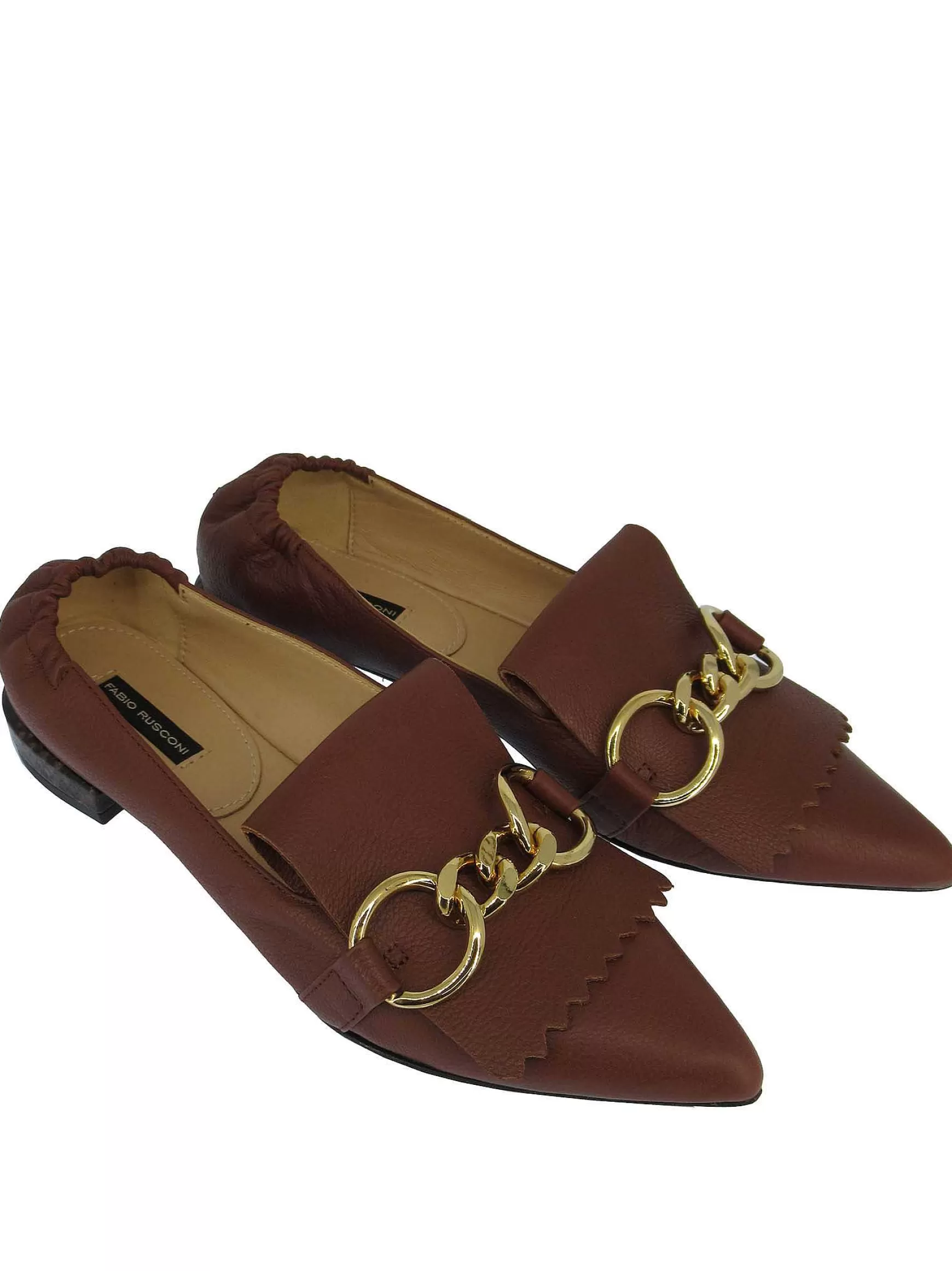 Calzature Donna Mocassini In Pelle Cuoio Con Frange E Catena Oro Punta A Punta E Tacco Basso*Fabio Rusconi Clearance