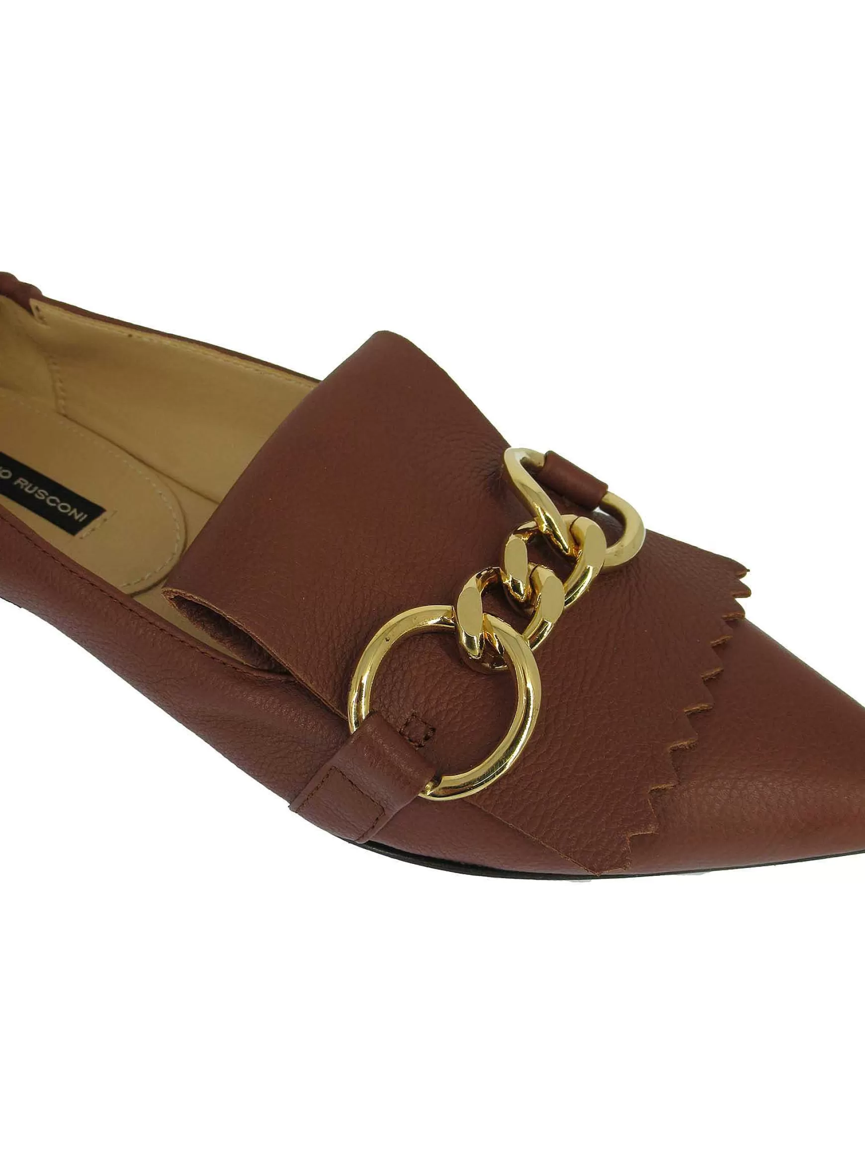 Calzature Donna Mocassini In Pelle Cuoio Con Frange E Catena Oro Punta A Punta E Tacco Basso*Fabio Rusconi Clearance